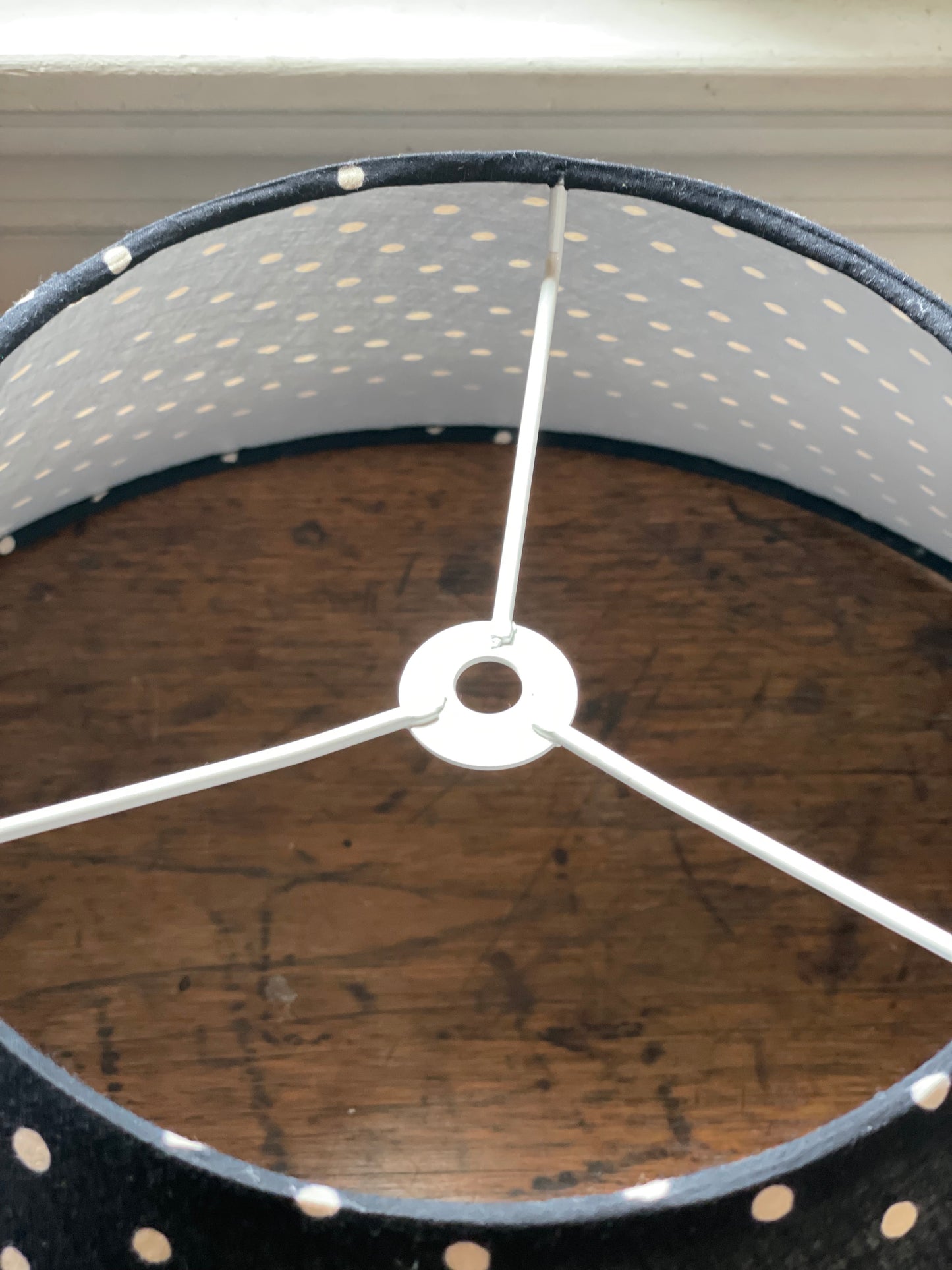 Large Conical Lampshade. Indian Hand Block Print. Black with Gentle Off-White Polka Dot.