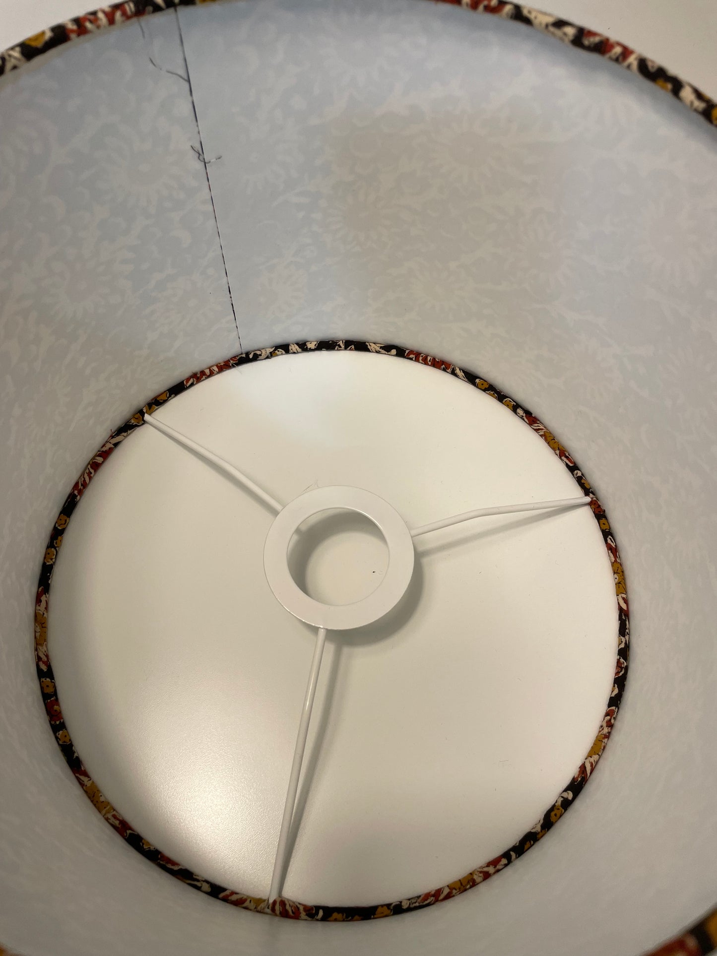 10 inch Drum Lampshade. Hand Kalamkari Block from India. Smoky Black with Shades of Amber, Coffee, and Sepia.