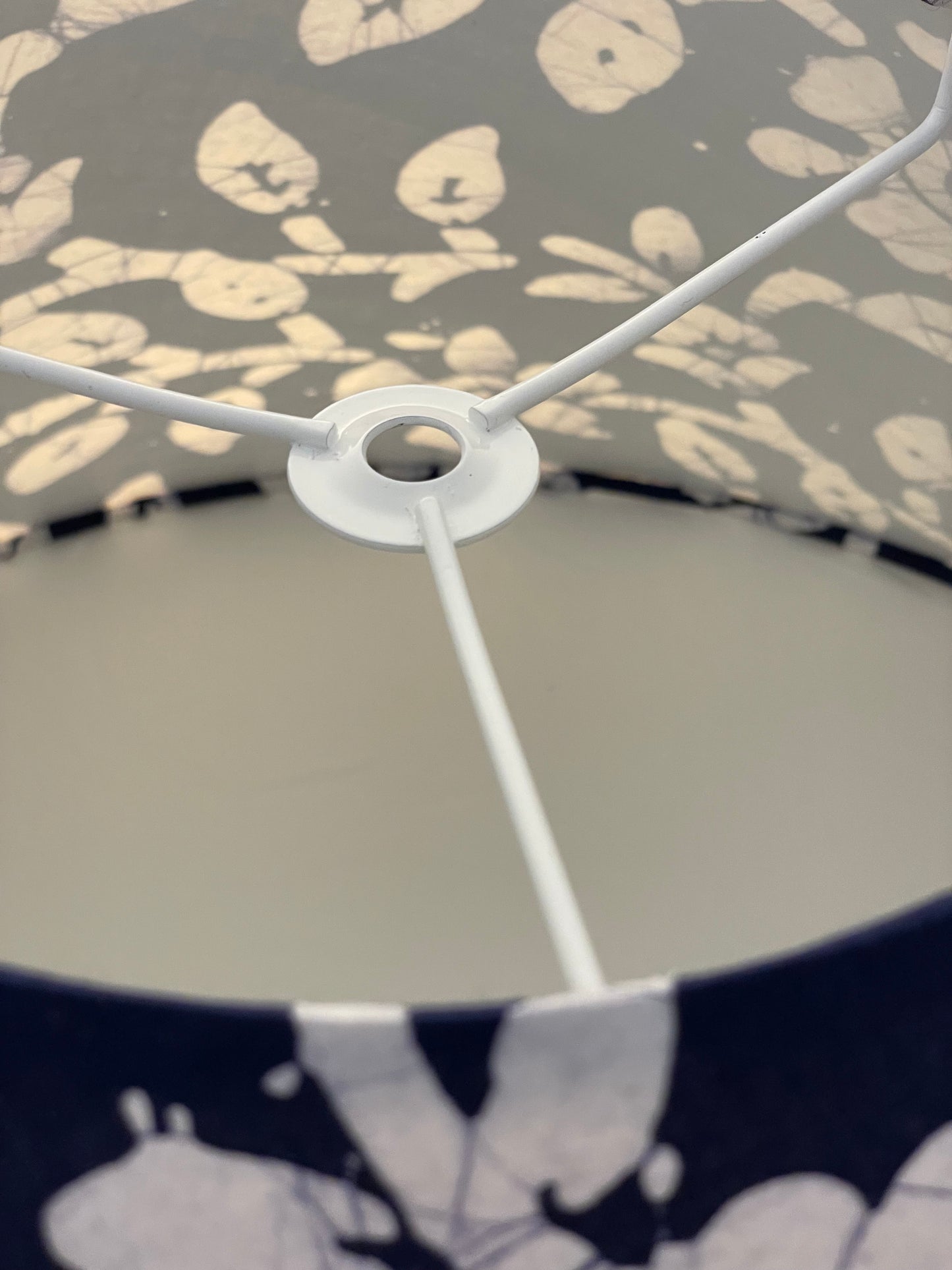 Large Conical Lampshade. Indigo Hand Batik. Deep Indigo Blue with White Narcissus Floral.