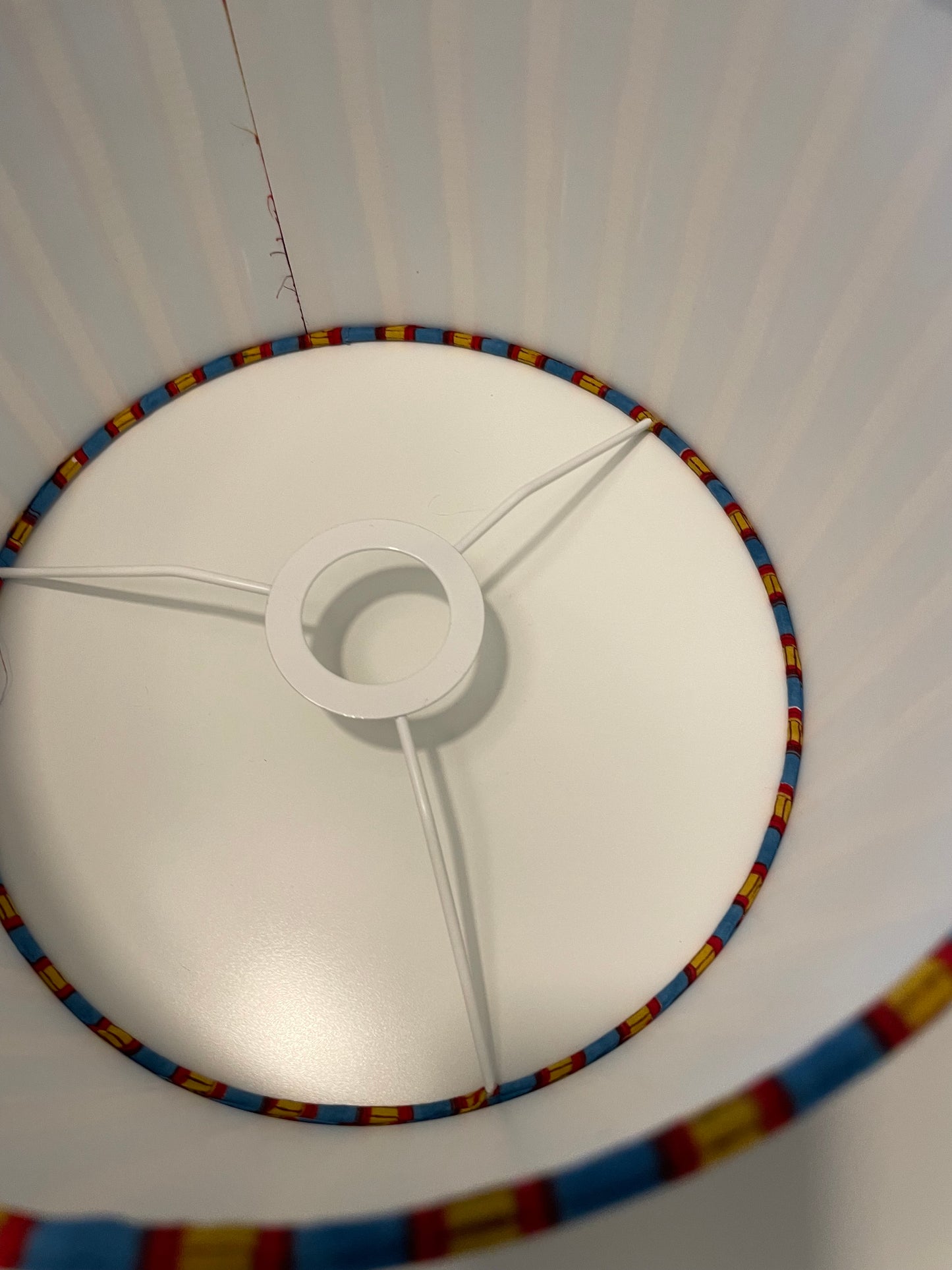 10 inch Drum Lampshade. Sanganeri Block Print from India. Azure Blue, Mustard, and Maroon Stripe.