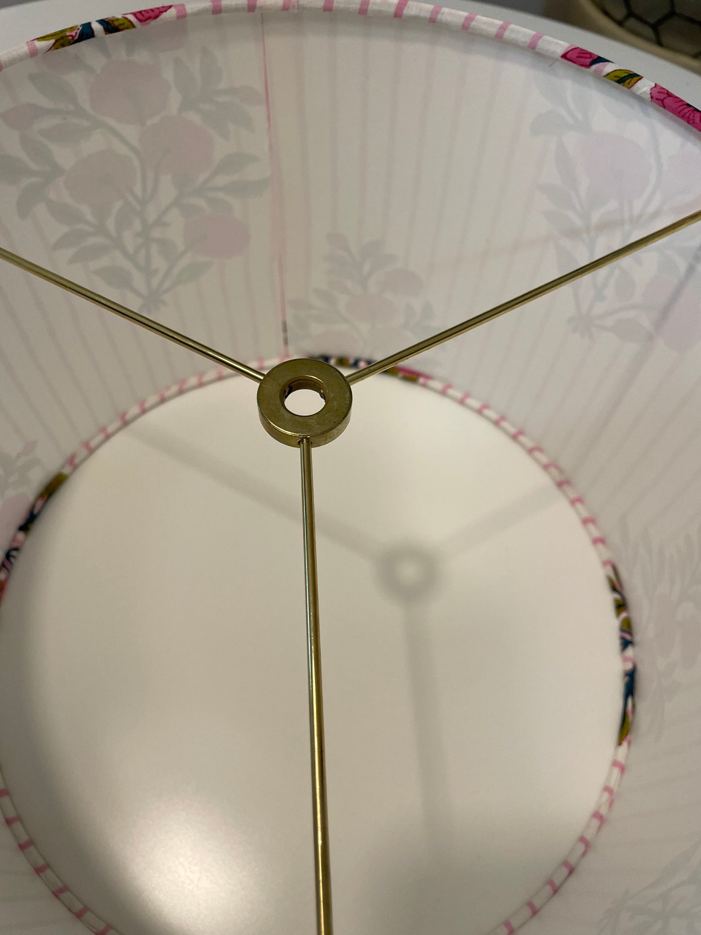 12 Inch Drum Shade. Indian Block print from Jaipur. Raspberry Rose, Green, Deep Teal Floral and Faded Pink Stripe.