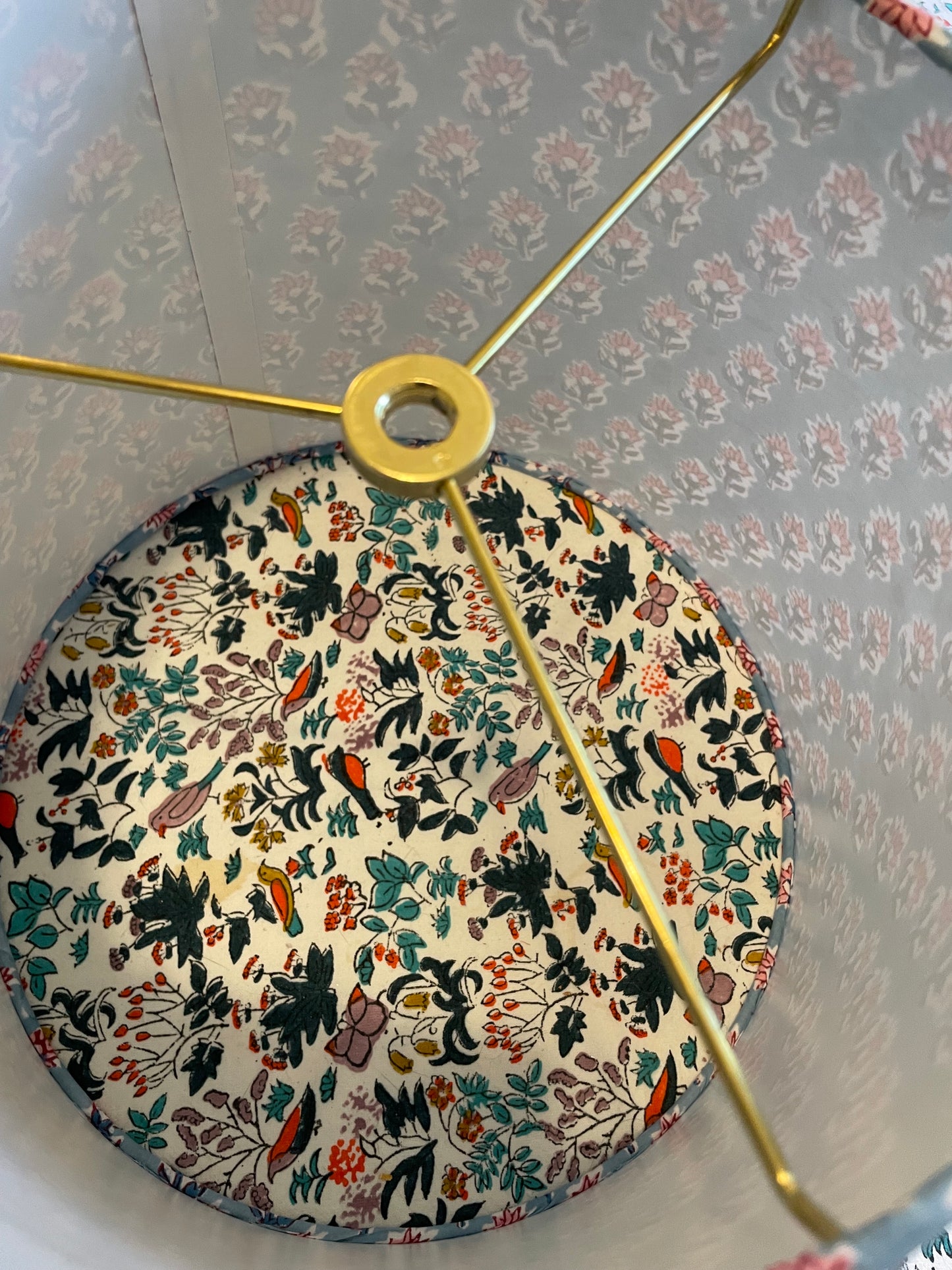 Medium Empire Shade. Indian Hand Block Print. French Blue with Coral Pink Buti Motif.