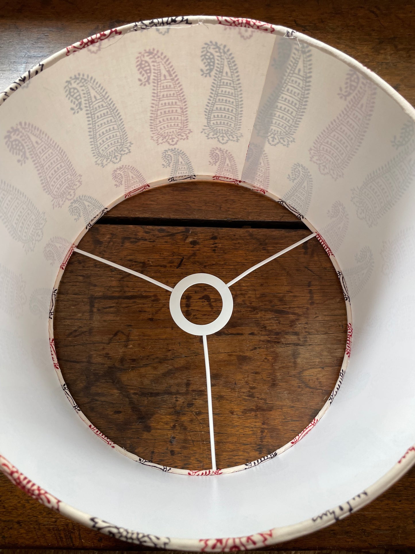 12 inch Drum Lampshade. Bagh Indian Hand Block. Ecru with Maroon and Black Elongated Buta Motif.