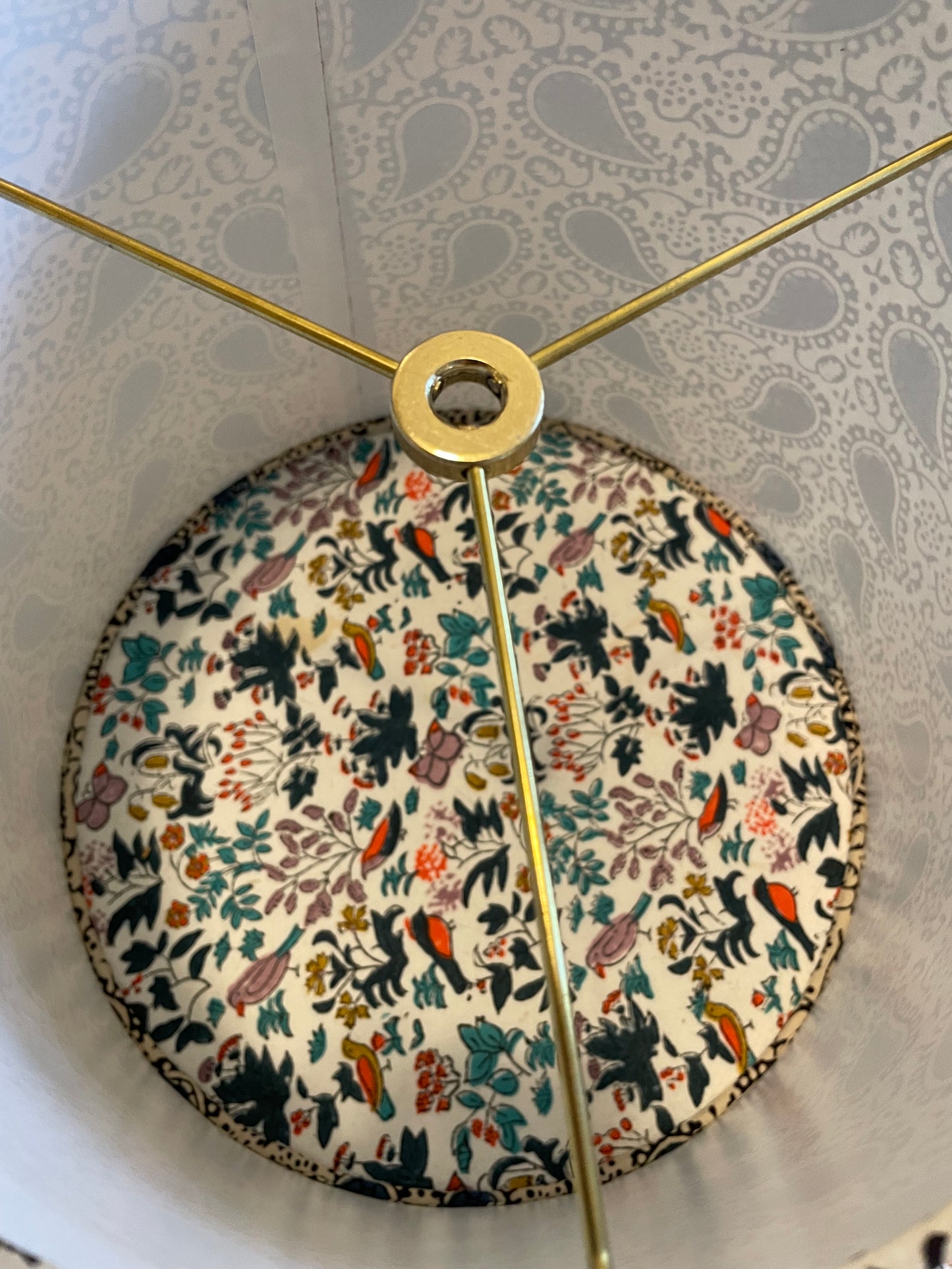 Medium Empire Shade. Indian Block Print. Blue and Ecru Paisley.