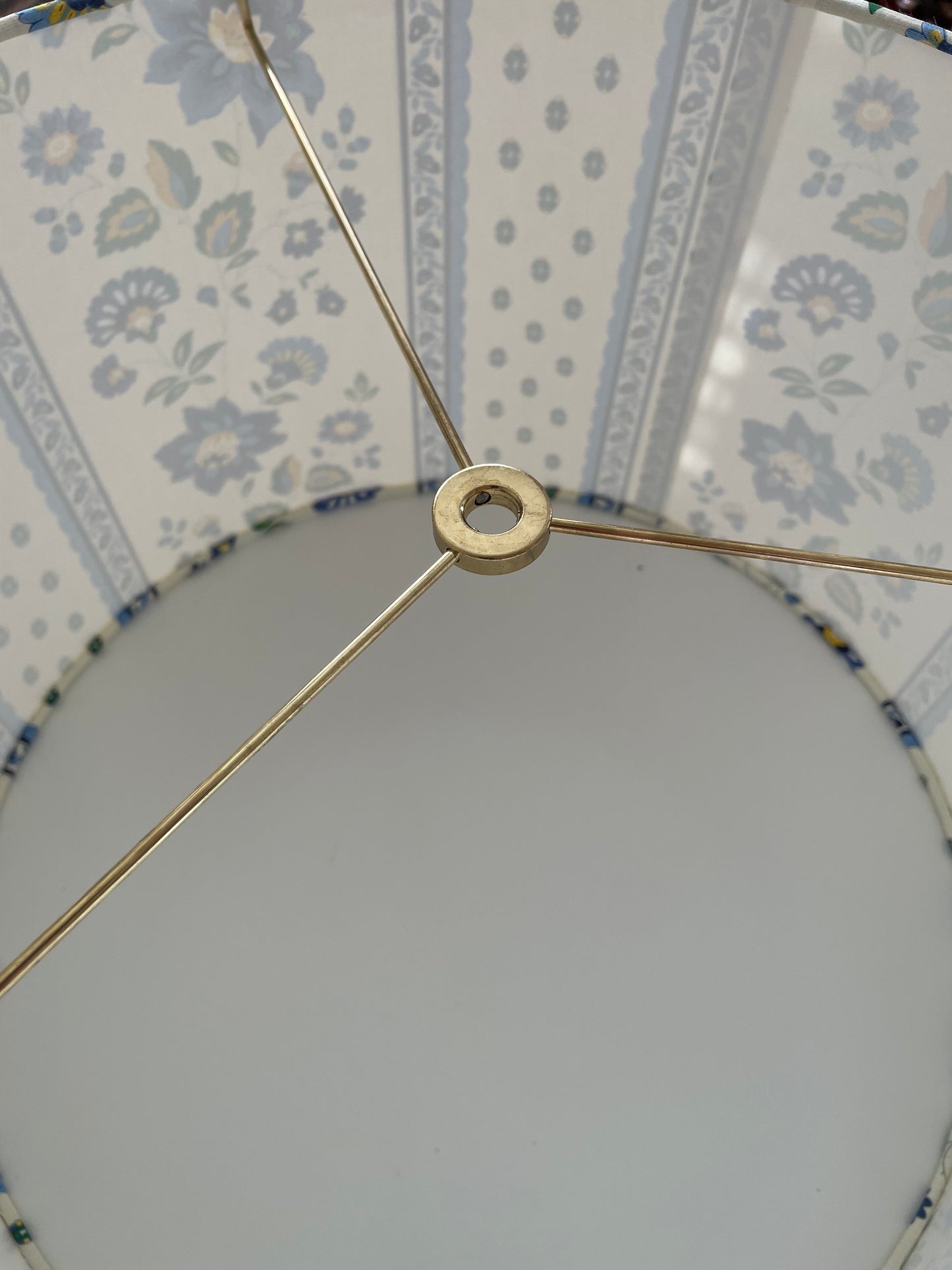 16 Inch Drum Lampshade. French Cotton Fabric. Blue Faience Floral Border.
