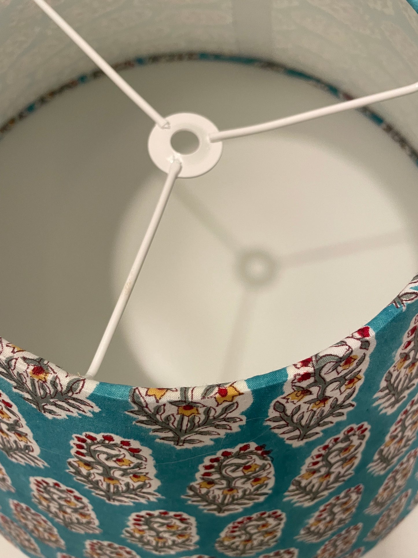 Large Conical Lampshade. Indian Hand Block Print from Jaipur. Turquoise with Crimson, Ochre and Taupe Floral Motif.
