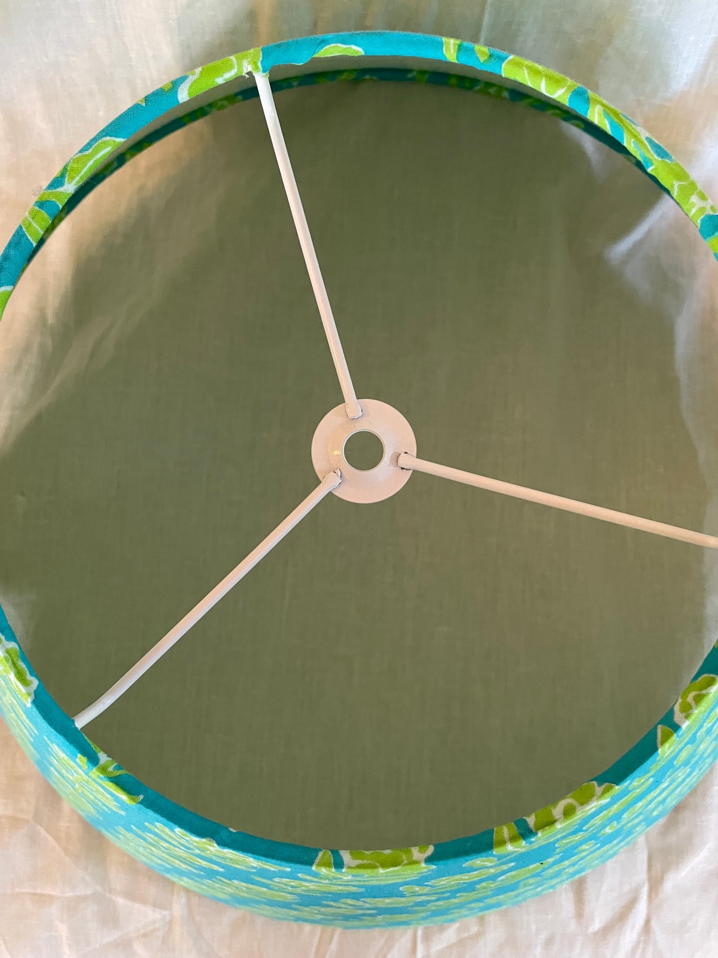 Large Conical Lampshade. Indian Block Print from Jaipur. Teal with Bright Avocado Floral.