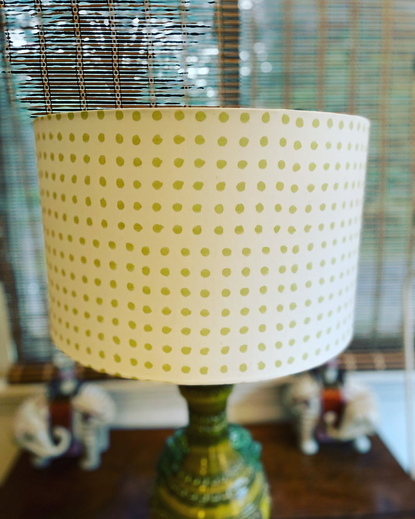 16 Inch Drum Lampshade. Indian Hand Block Print. Pretty Pale Green Polka Dot.
