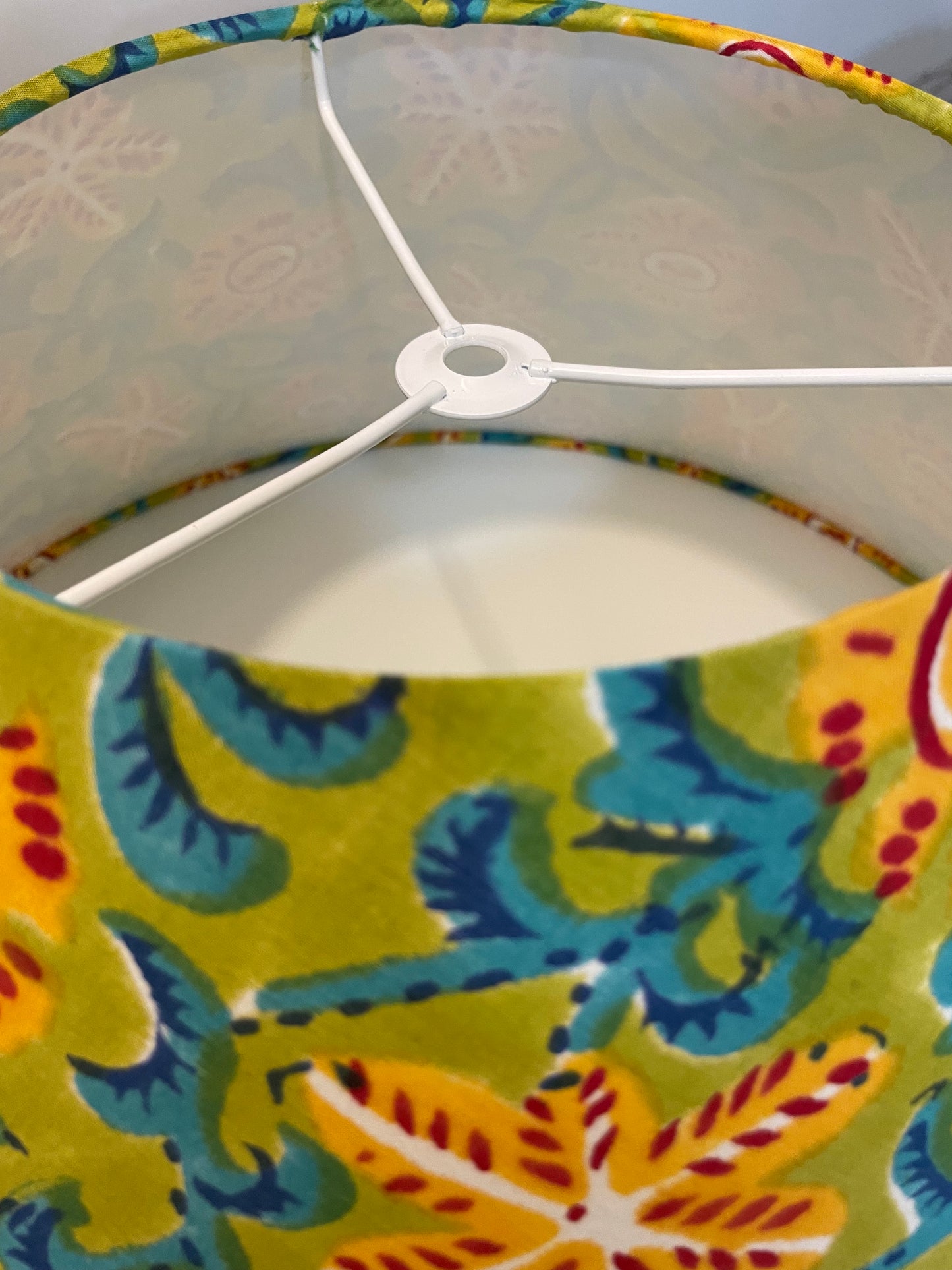 Large Conical Lampshade. Indian Hand Block Print. Apple Green, Dark Cyan, Crimson, and Golden Poppy Starfish Motif.