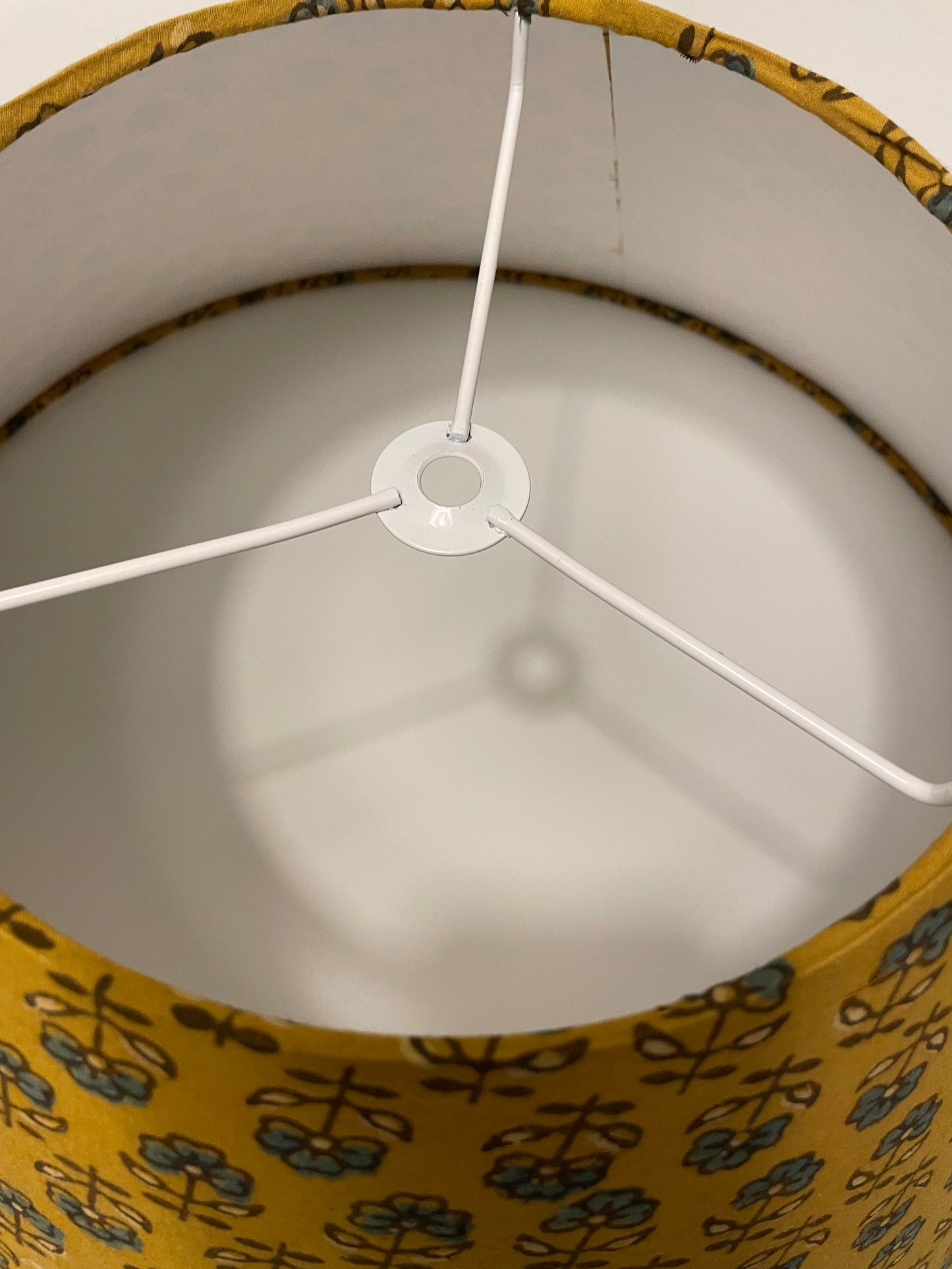 Large Conical Lampshade. Turmeric Dyed Ajrak Hand Block Print. Turmeric with Greyish-Blue and Dark Grey Floral Motif.