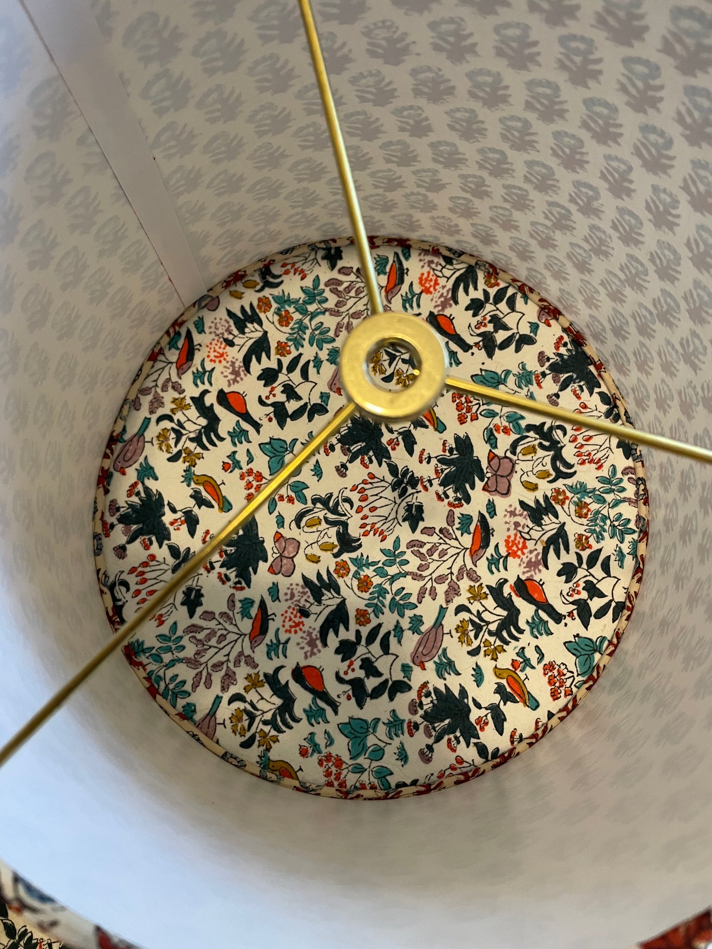 Medium Empire Shade. Sanganeri Hand Block print from India. Slate Blue and Deep Scarlet Floral on Ivory.