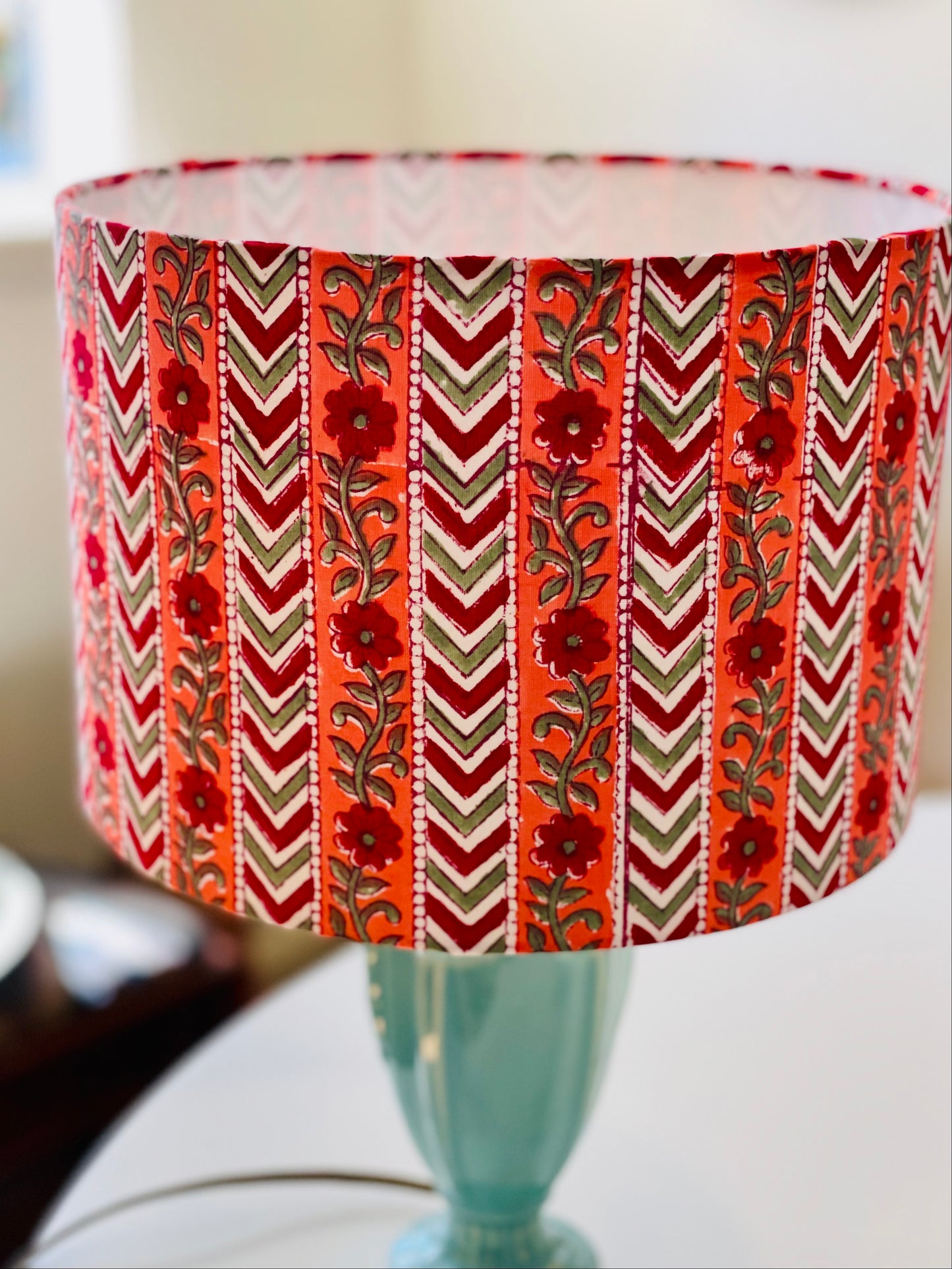 *SAMPLE SALE* 10 Inch Drum Lamp Shade. Pink and Red Stripe. Indian Block Print.