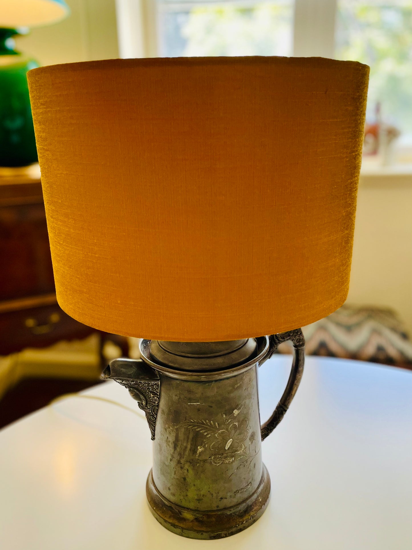 12 Inch Drum Lampshade. Indian Hand Handwoven Raw Silk. Golden Mustard.