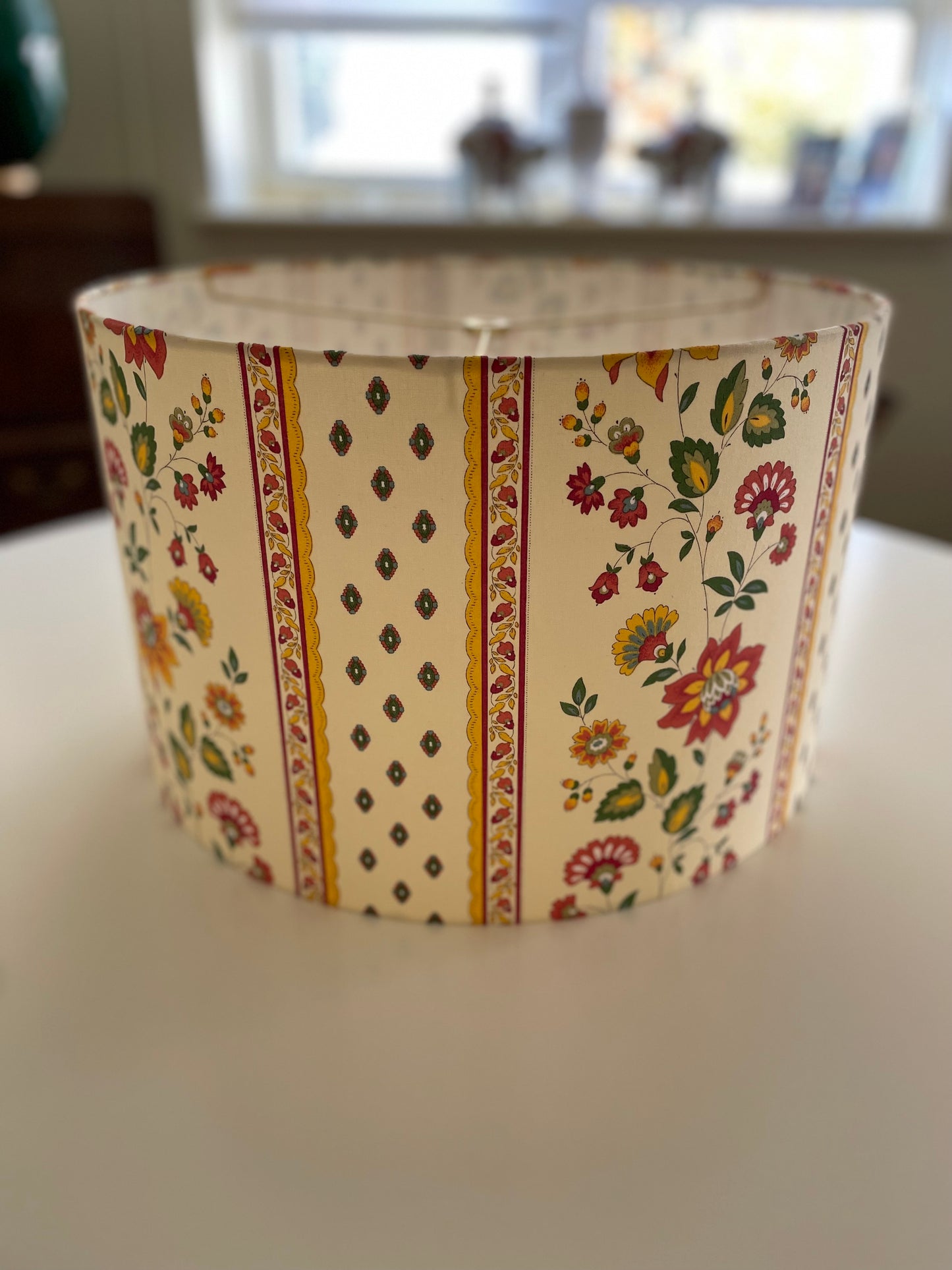 16 Inch Drum Lampshade. French Cotton Fabric. Orange and Red Faience Floral Border.