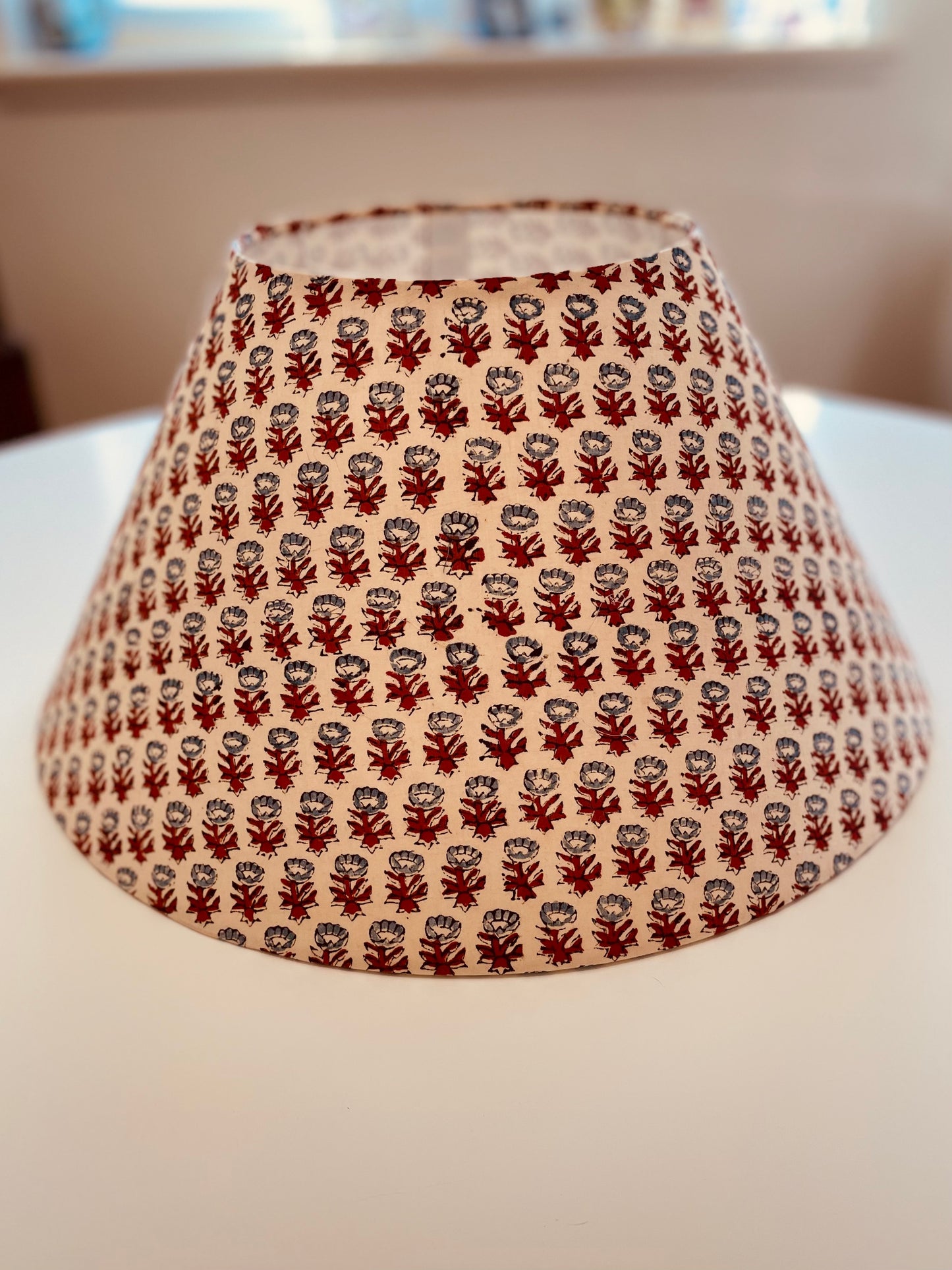 Large Conical Lampshade. Sanganeri Hand Block print from India. Slate Blue and Deep Scarlet Floral on Ivory.