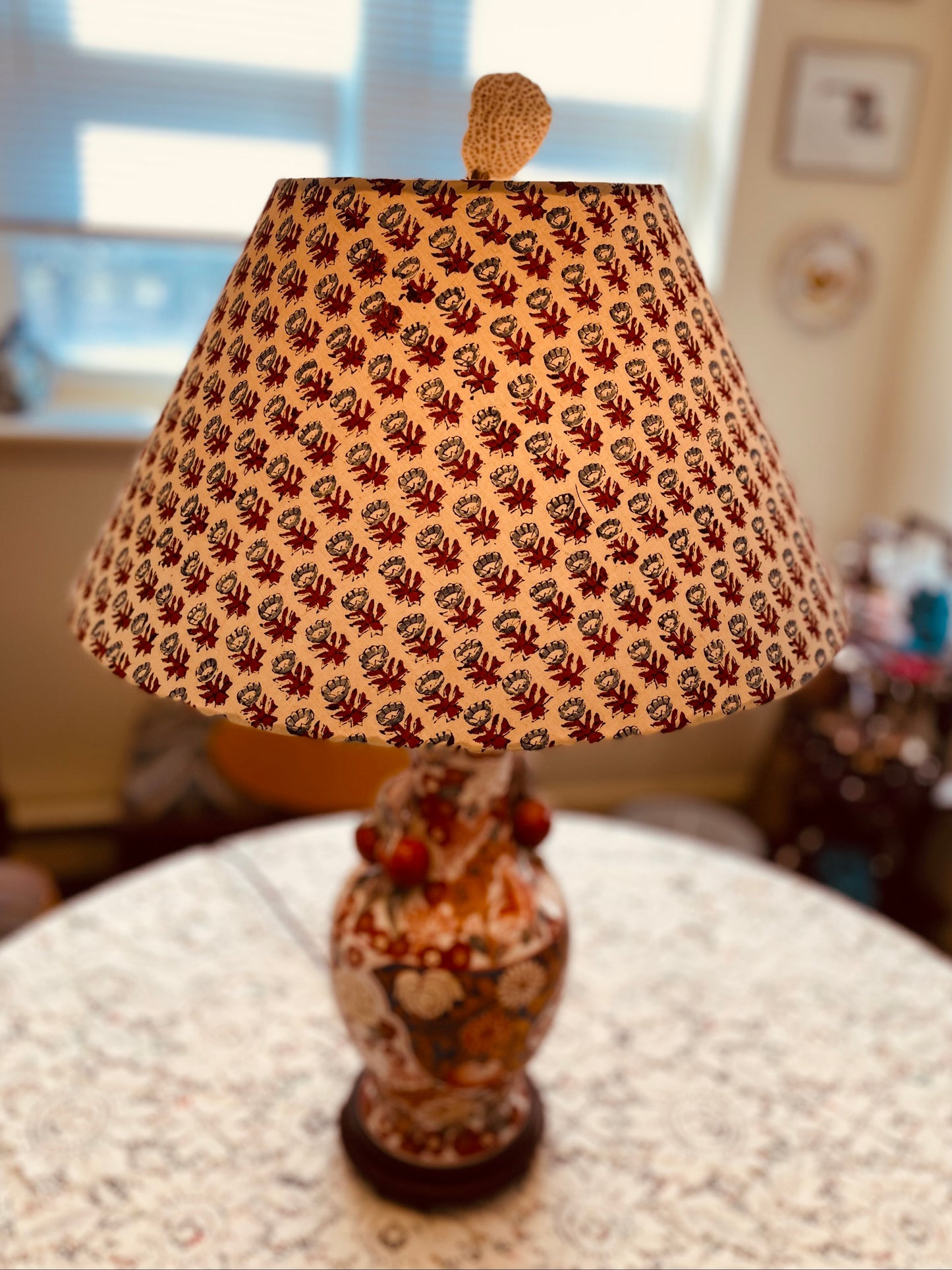 Large Conical Lampshade. Sanganeri Hand Block print from India. Slate Blue and Deep Scarlet Floral on Ivory.