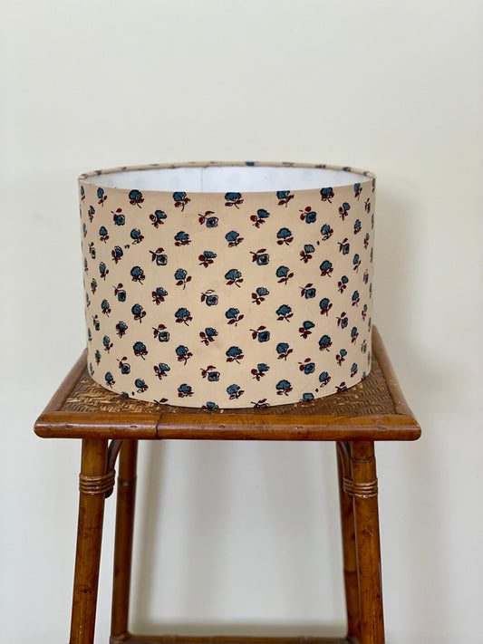 *DISCONTINUED* 12 Inch Drum Lamp Shade. Indian Hand Block Print. Ecru with Blue Flower.
