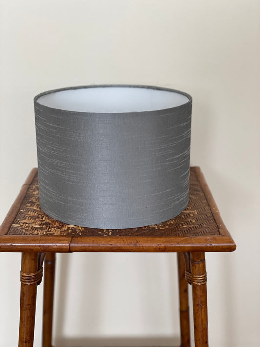 *DISCONTINUED* 10 Inch Drum Lamp Shade. Pewter Slubbed Poly Silk.