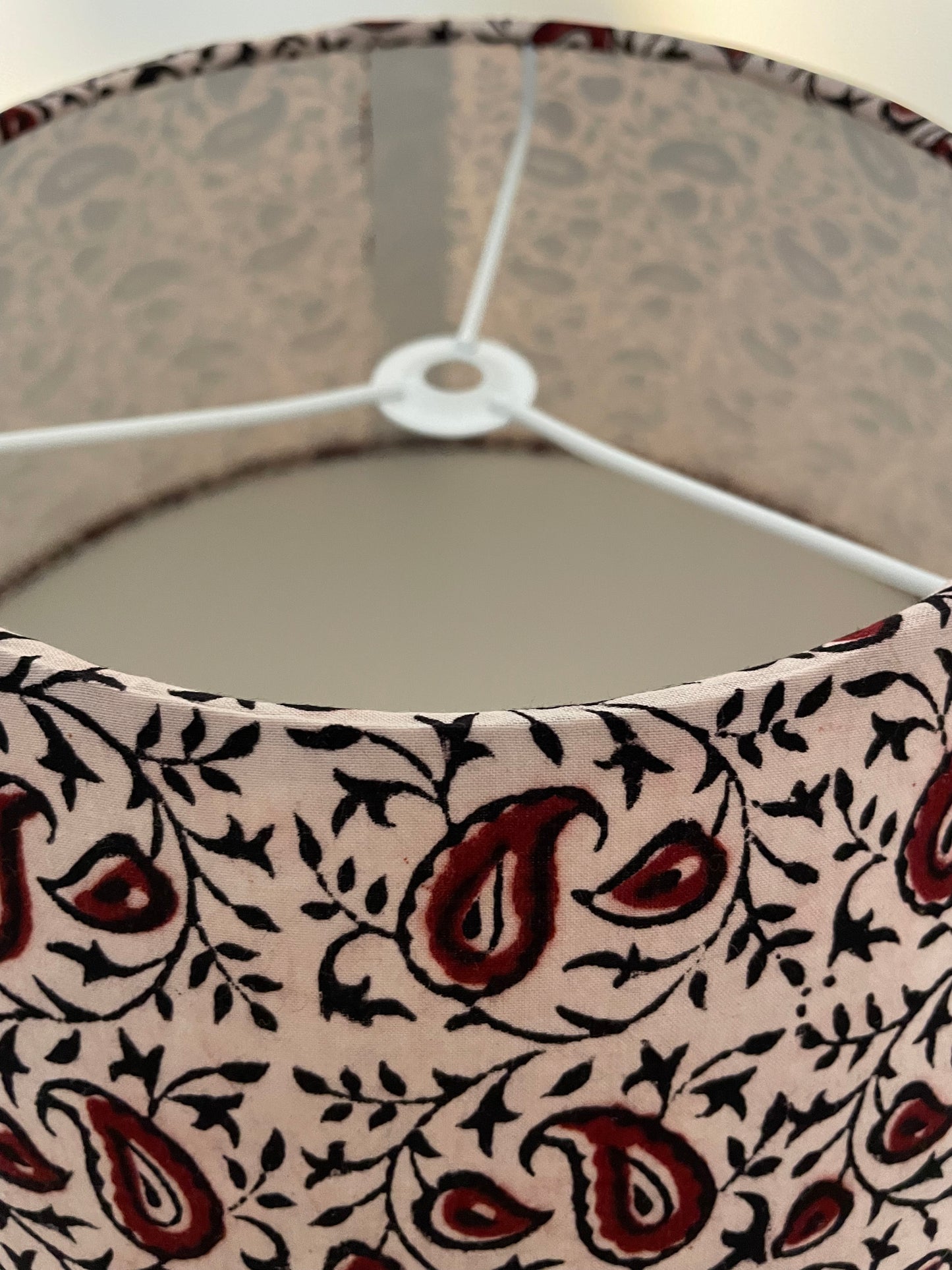Large Conical Lampshade.Indian Block Print. Indian Block Print from Bagh. Maroon and Licorice Paisley Pattern on Ivory.