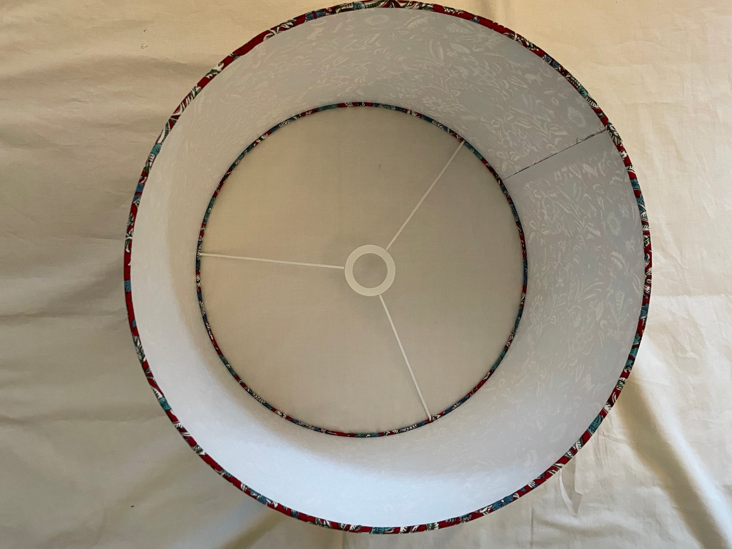 16 Inch Drum Lampshade. Indian Hand Block Print. Crimson Red with Turquoise and Blue Floral Motif.