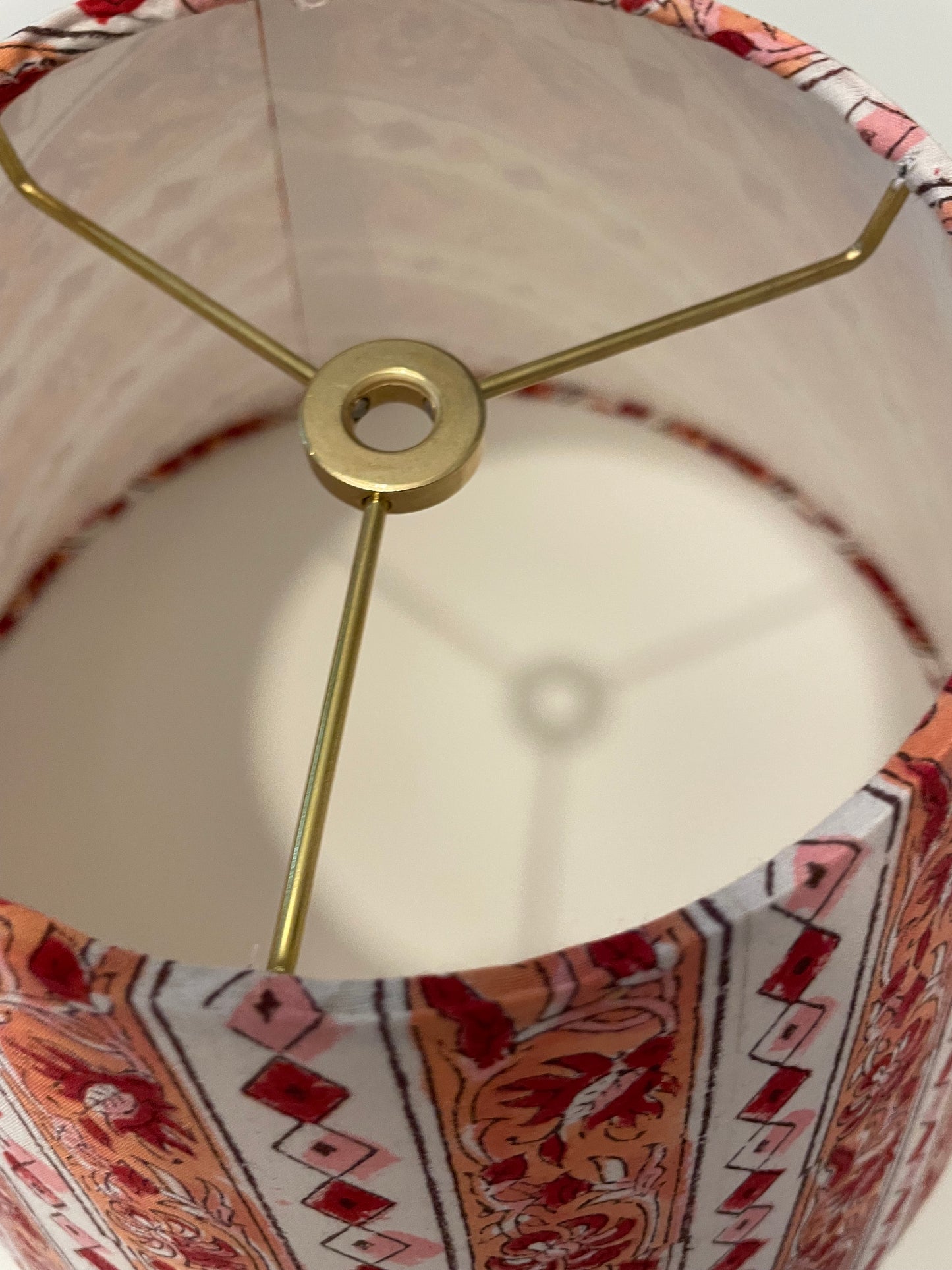 Small Conical Lampshade. Sanganeri Block Print from India. Shades of Rose and Warm Pink Stripes.