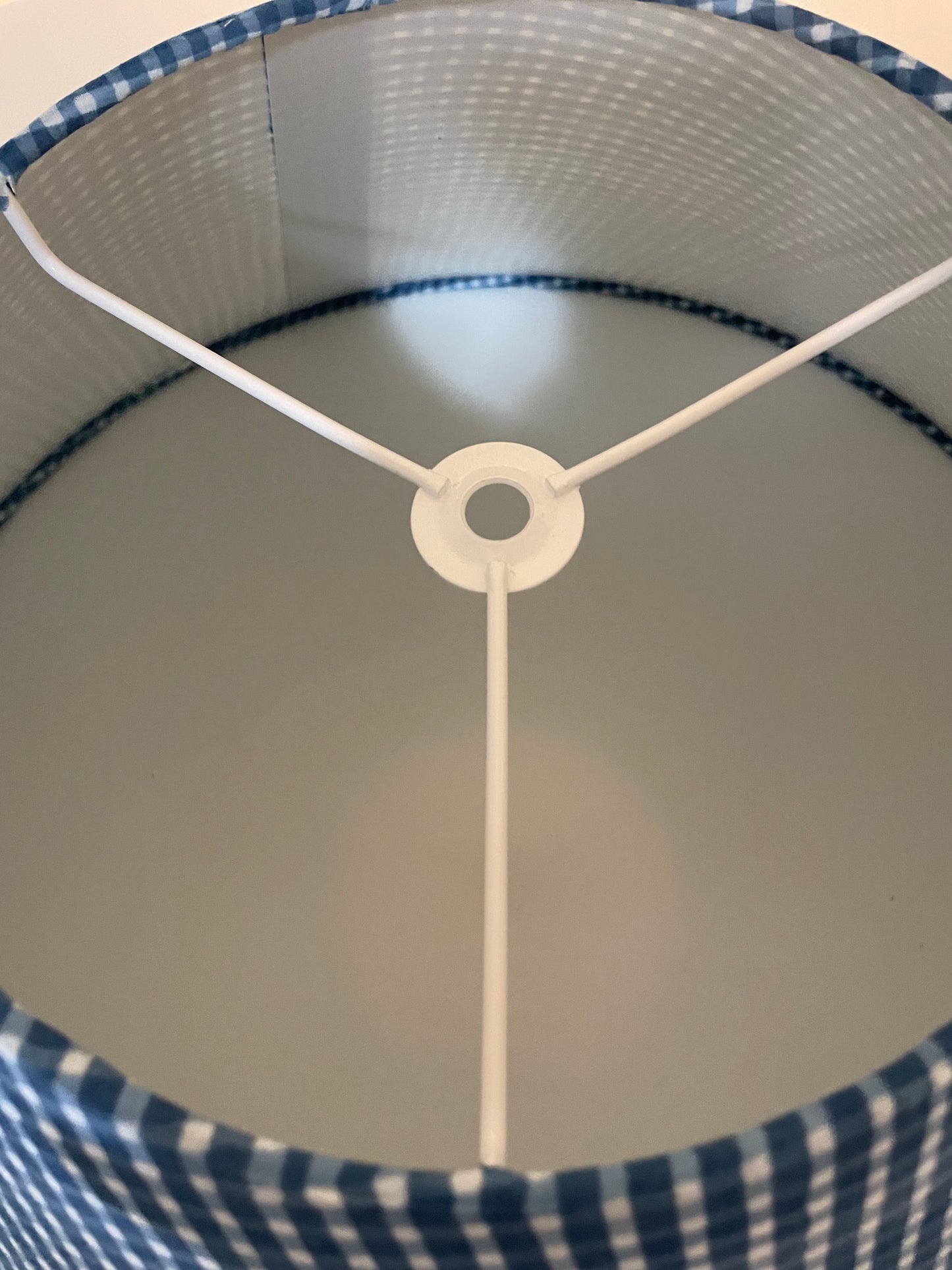 Large Conical Lampshade. Indigo Hand Print from India. Faded Blue Check Pattern.
