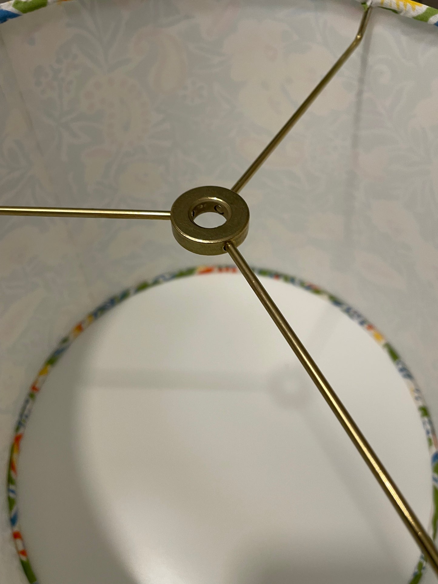 Medium Empire Lampshade. Indian Hand Block Print. Apple Green, Bright Yellow, Red and Steely Blue Floral.