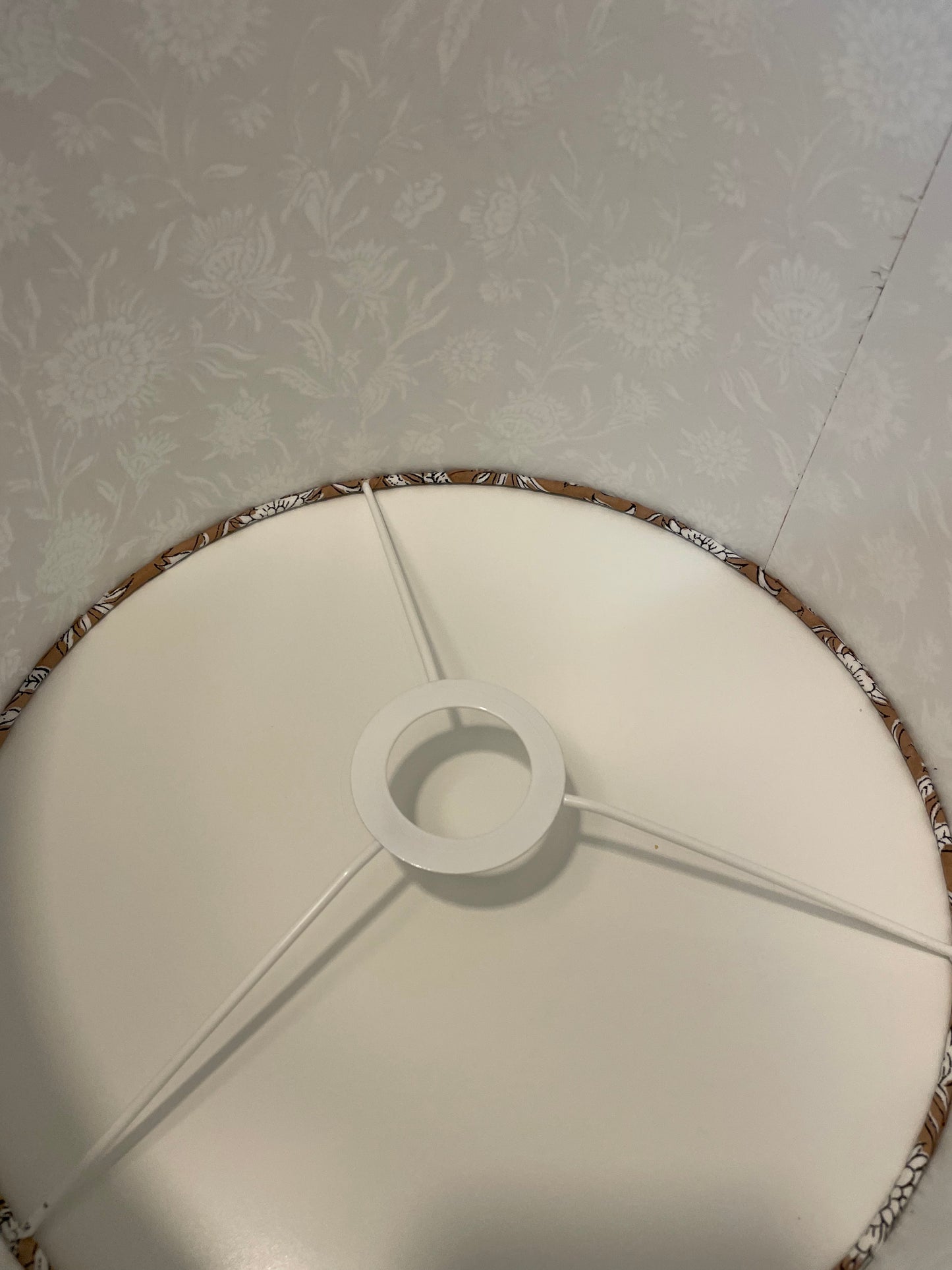 12 Inch Drum Shade. Hand Block Print from Jaipur. Camel and Ivory Floral Motif.