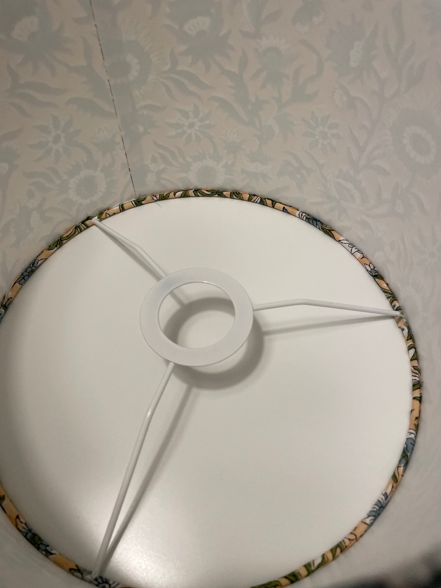 10 inch Drum Lampshade. Indian Hand Block Print. Fawn with Blue-Gray and Dark Green Floral Motif.