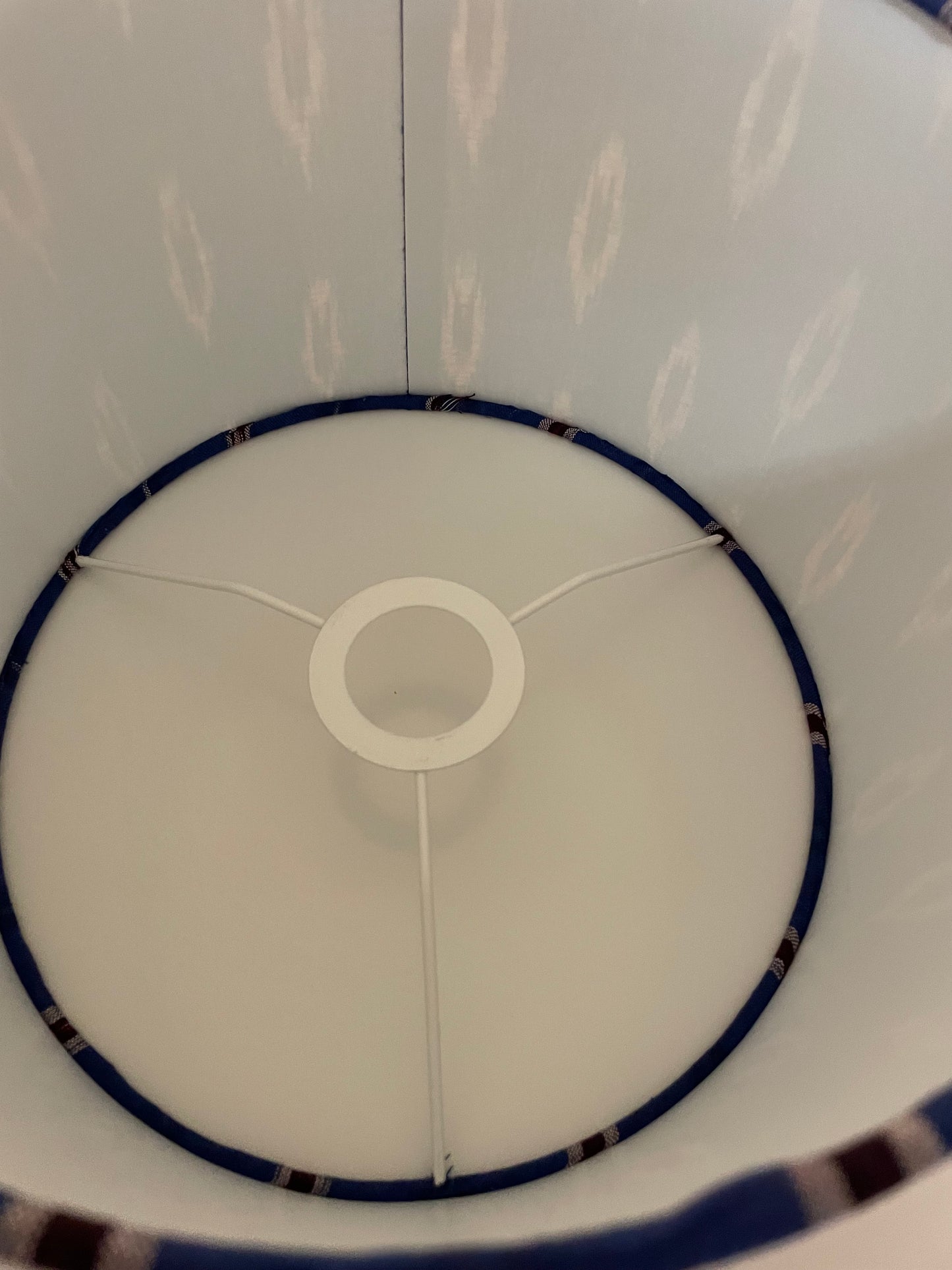 10 inch Drum Lampshade. Indian Pochampally Ikat Weave Cotton Fabric. Royal Blue with Licorice and White.