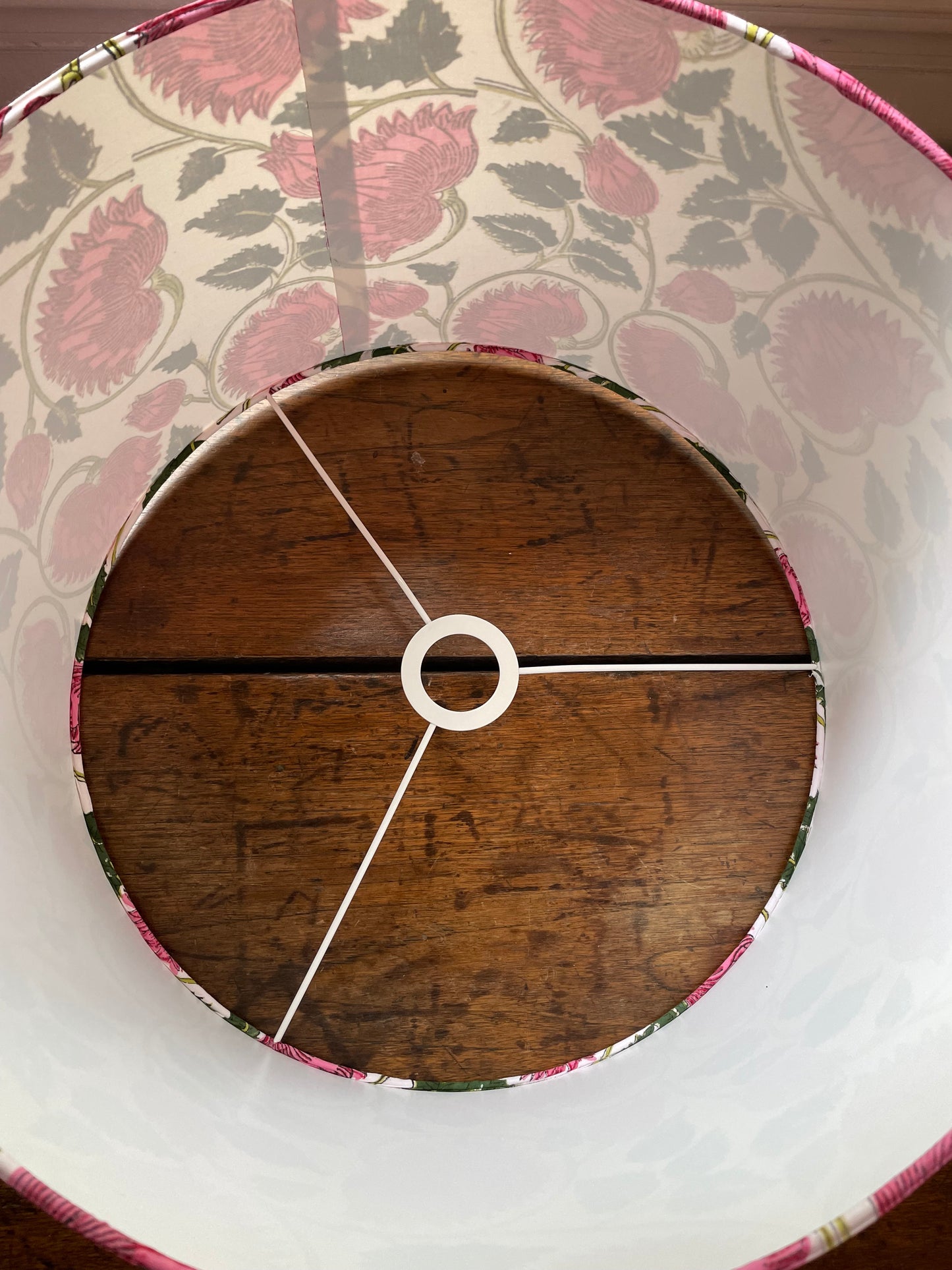 16 Inch Drum Lampshade. Indian Hand Block Print. Big Pink Blossoms with Jungle Green Leaves.