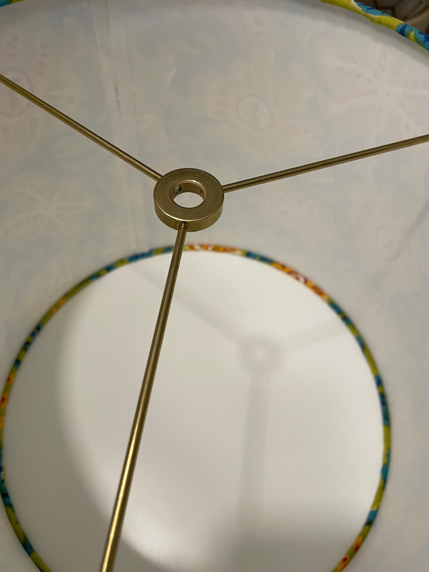 Medium Empire Lampshade.  Indian Hand Block Print. Apple Green, Dark Cyan, Crimson, and Golden Poppy Starfish Motif.