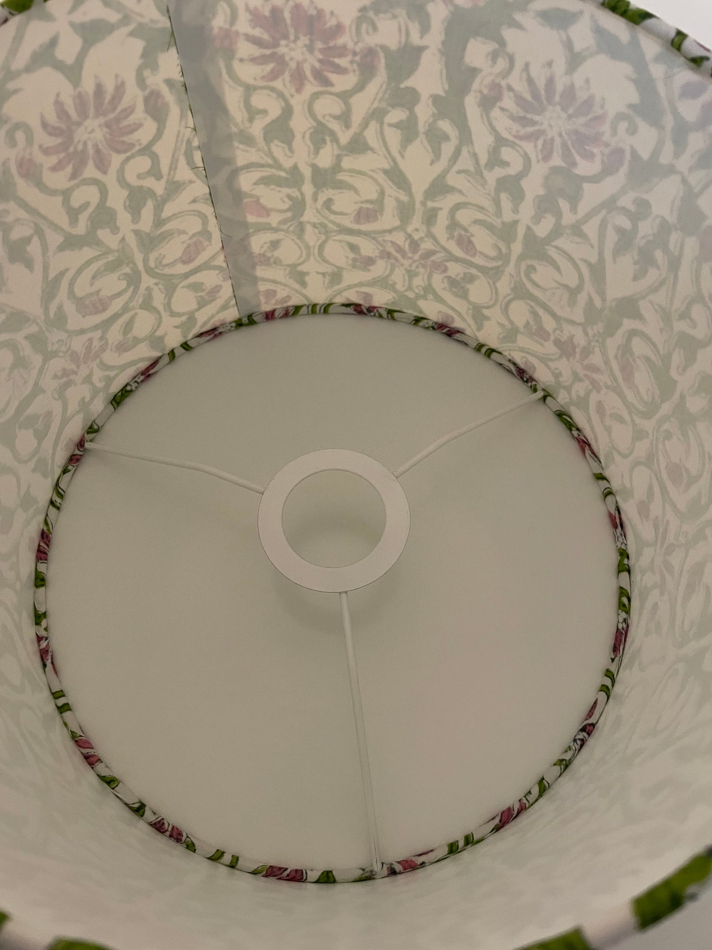 10 inch Drum Lampshade. Sanganeri Hand Block Print from Jaipur. Avocado and Taupe-y Pink Floral and Vine Motif.