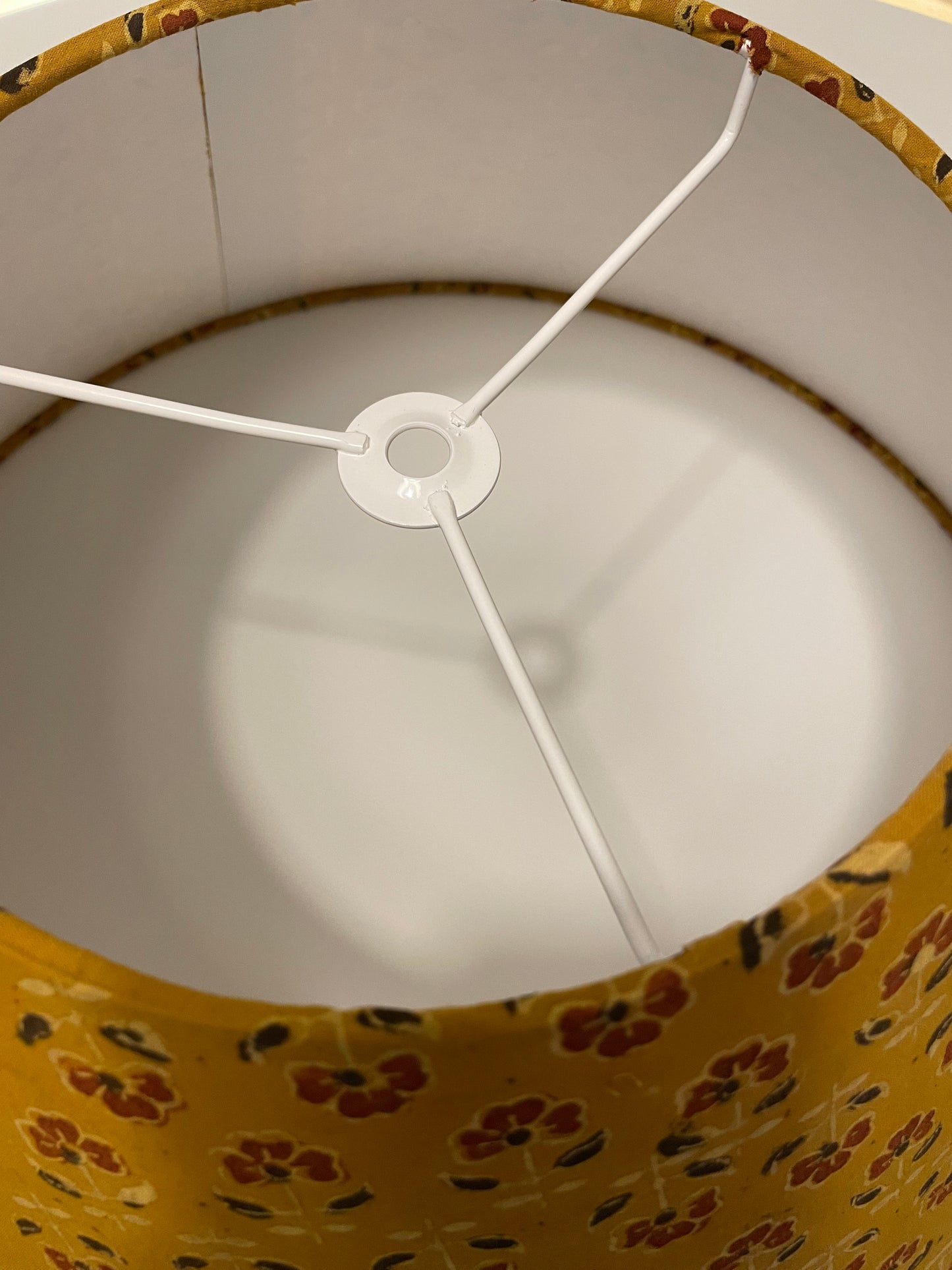 Large Conical Lampshade. Turmeric Dyed Ajrak Hand Block Print. Turmeric with Saddle Brown and Black Floral Motif.