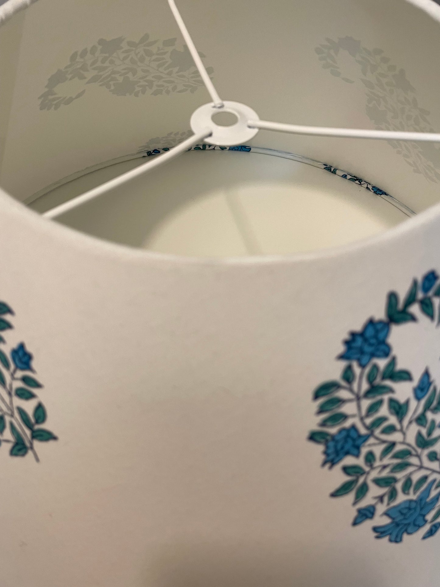 Large Conical Lampshade. Indian Hand Block Print. Teal Blue and Green Buti on Crisp White.