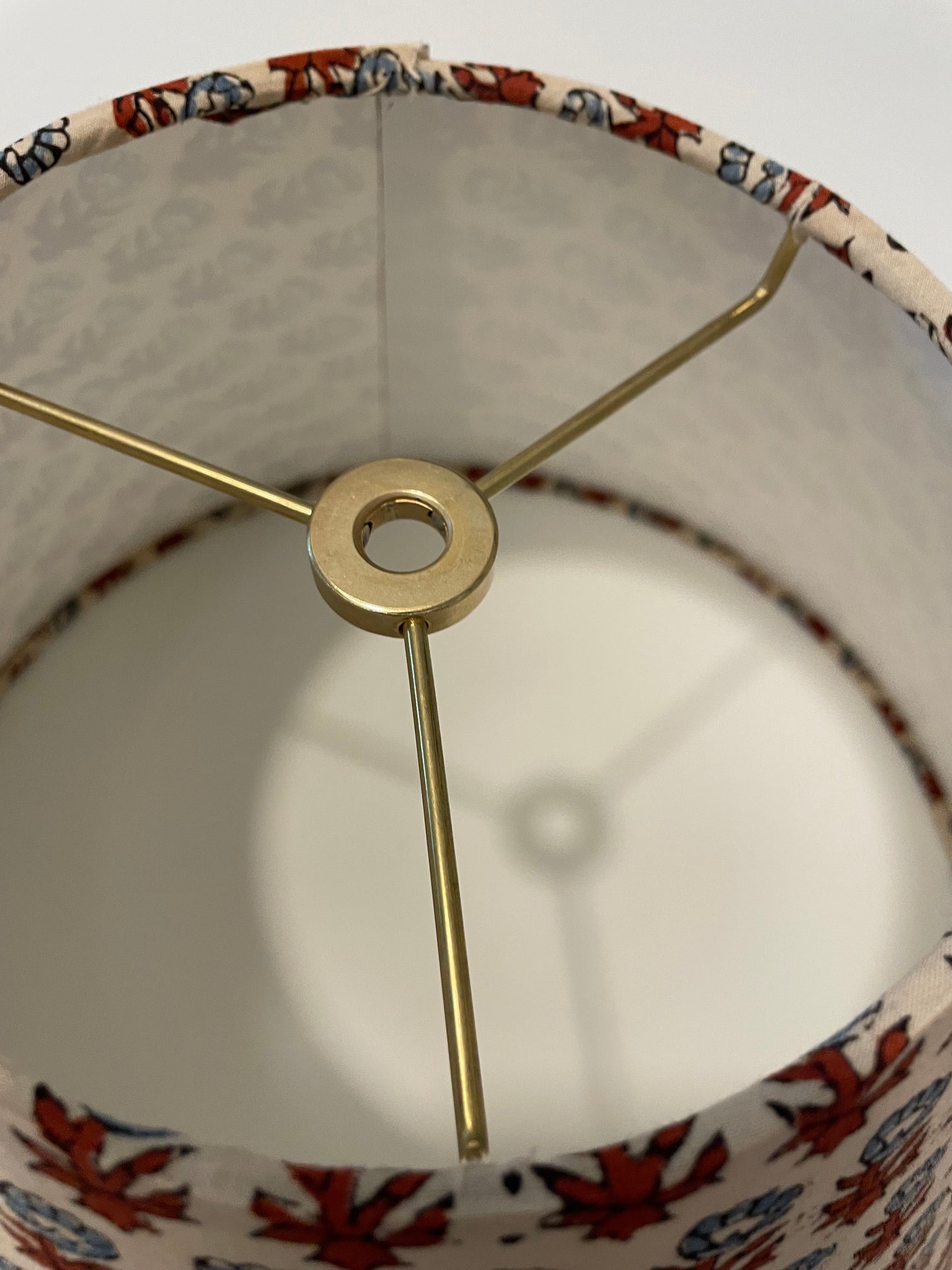 Small Conical Lampshade. Sanganeri Hand Block print from India. Slate Blue and Deep Scarlet Floral on Ivory.