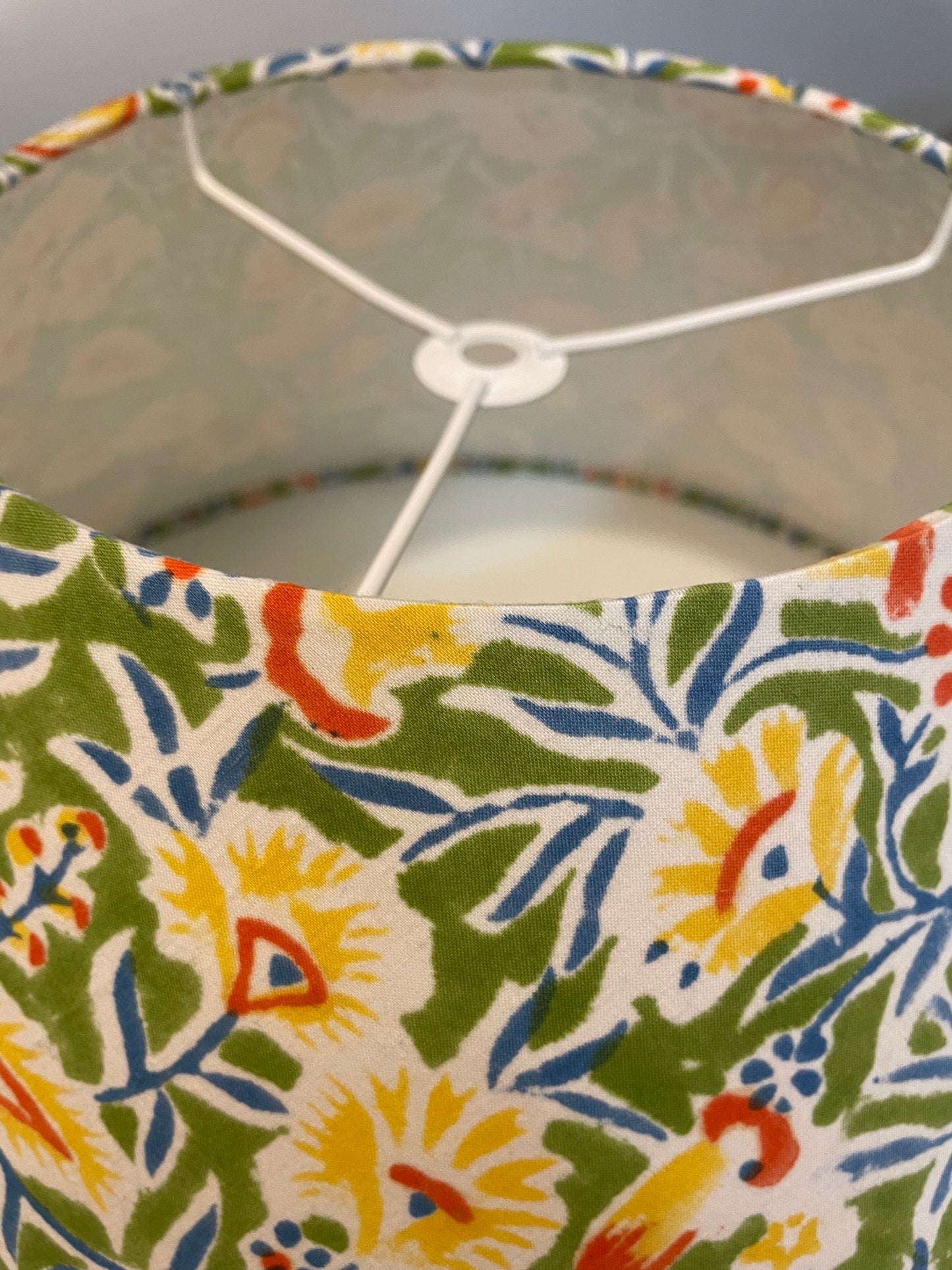 Large Conical Lampshade. Indian Hand Block Print. Apple Green, Bright Yellow, Red and Steely Blue Floral.