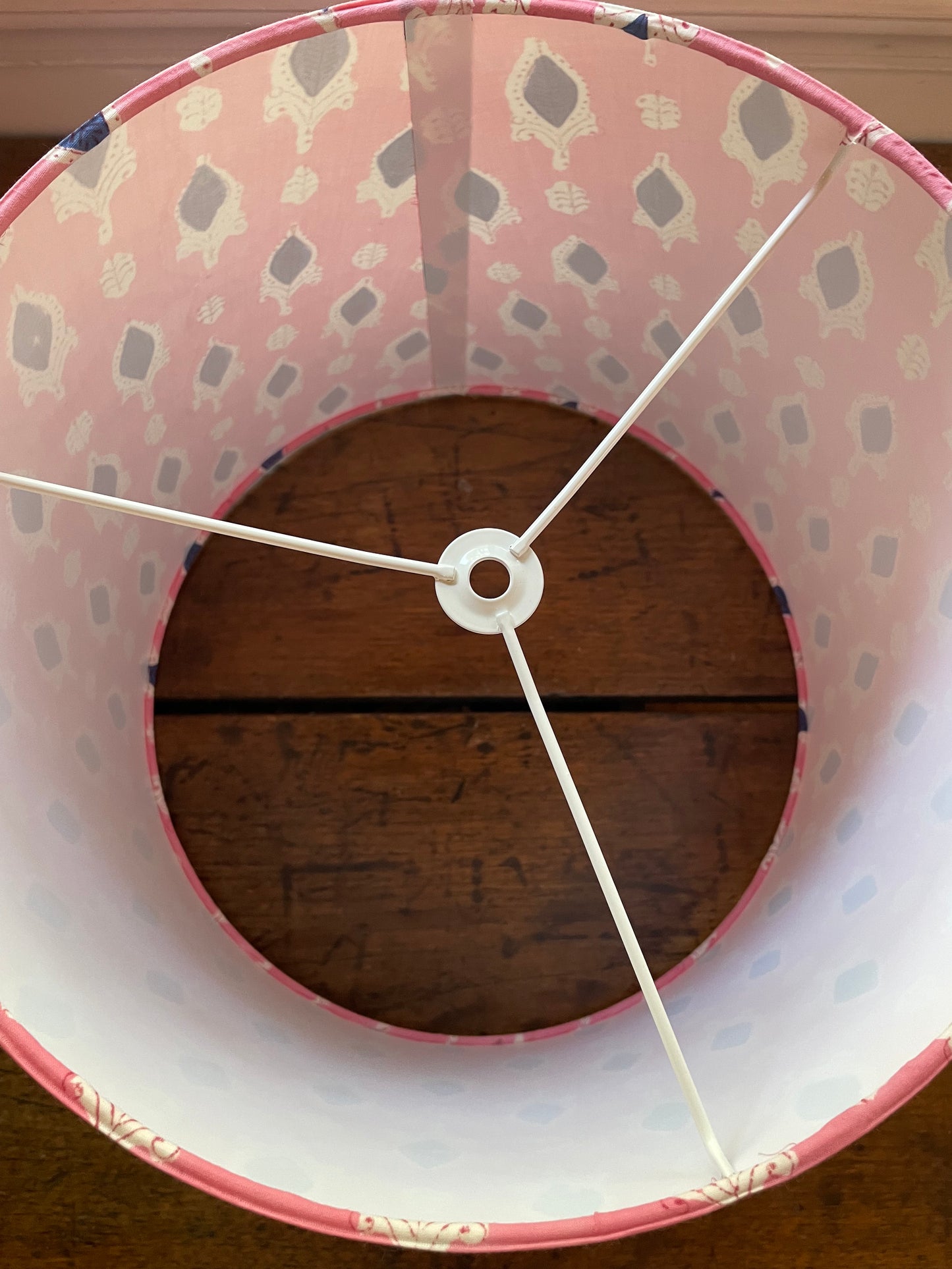 Large Empire Lampshade. 11.75 x 13.75 x 11.75. Indian Hand Block Print. Rosy Pink with Navy and White.