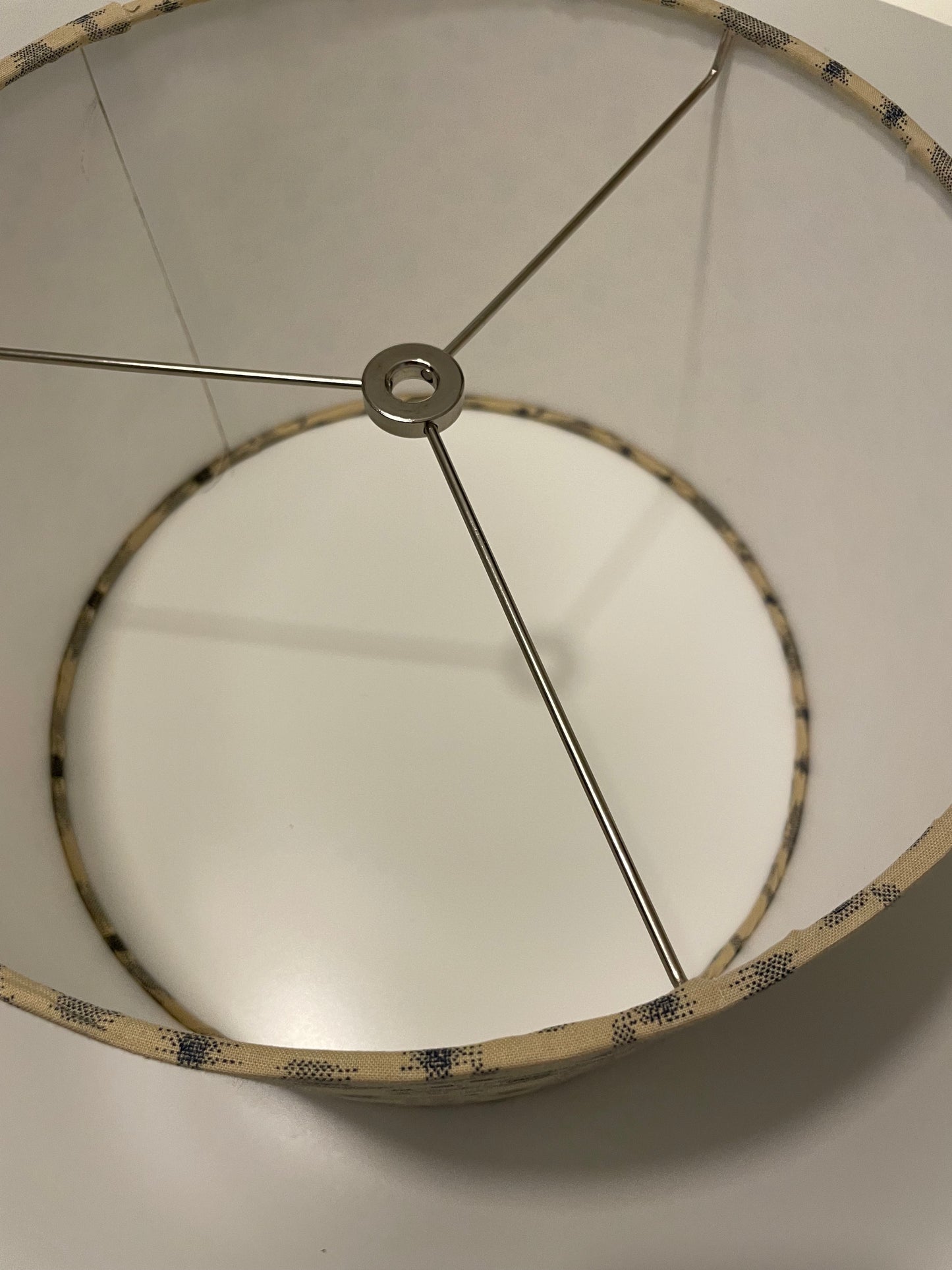 12 Inch Drum Shade. Traditional Japanese Fabric. Sand with Blue-Gray "Igeta" Grid Pattern.