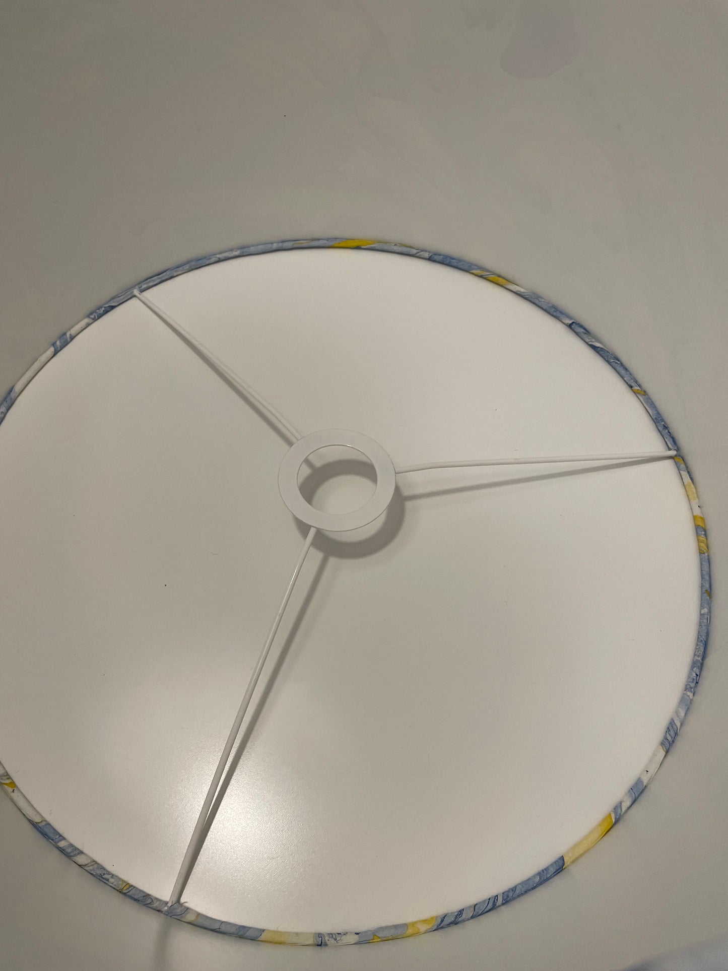 16 Inch Drum Lampshade. Indian Hand Marbled Fabric. Blue, Yellow, Ivory.