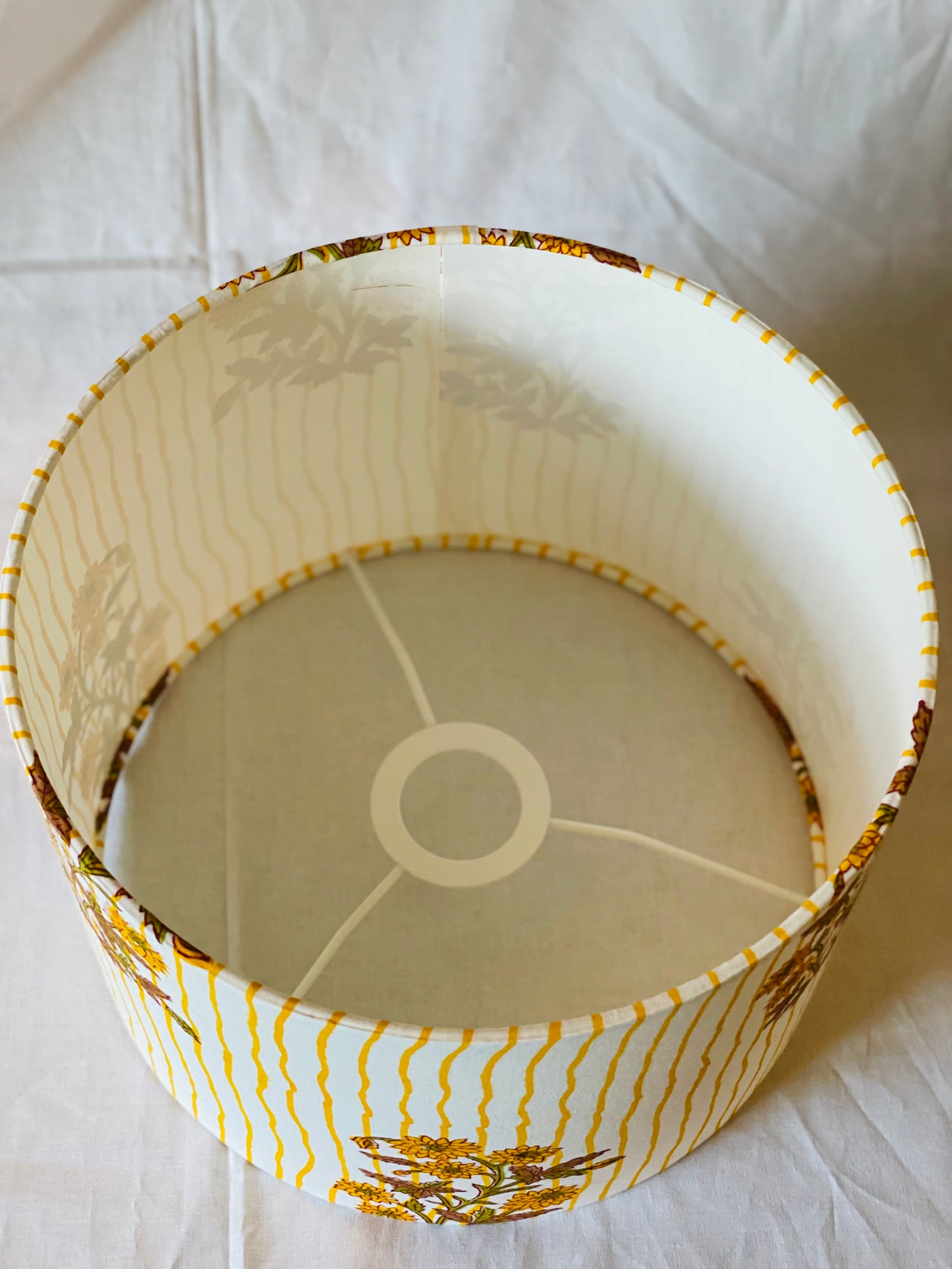 10 inch Drum Lampshade. Indian Block print from Jaipur. Harvest Gold, Ginger, and Olive Floral Stripe.