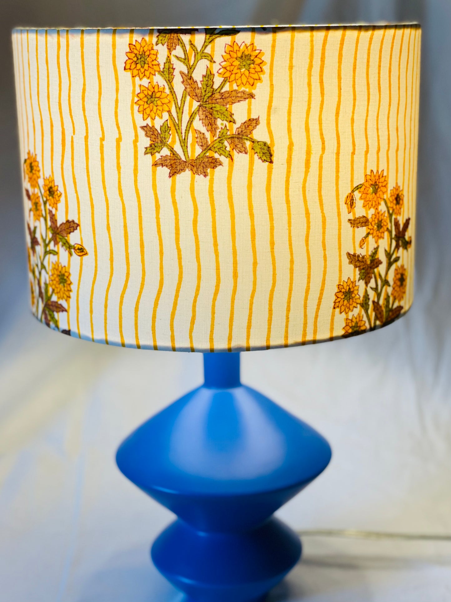 10 inch Drum Lampshade. Indian Block print from Jaipur. Harvest Gold, Ginger, and Olive Floral Stripe.