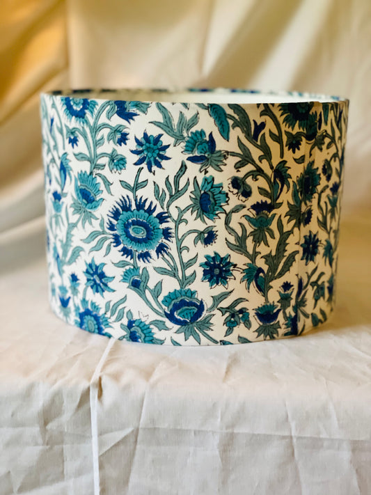 10 inch Drum Lampshade. Indian Block print from Jaipur. Dark Blue, Lapis, and Light Sea Green Floral Motif