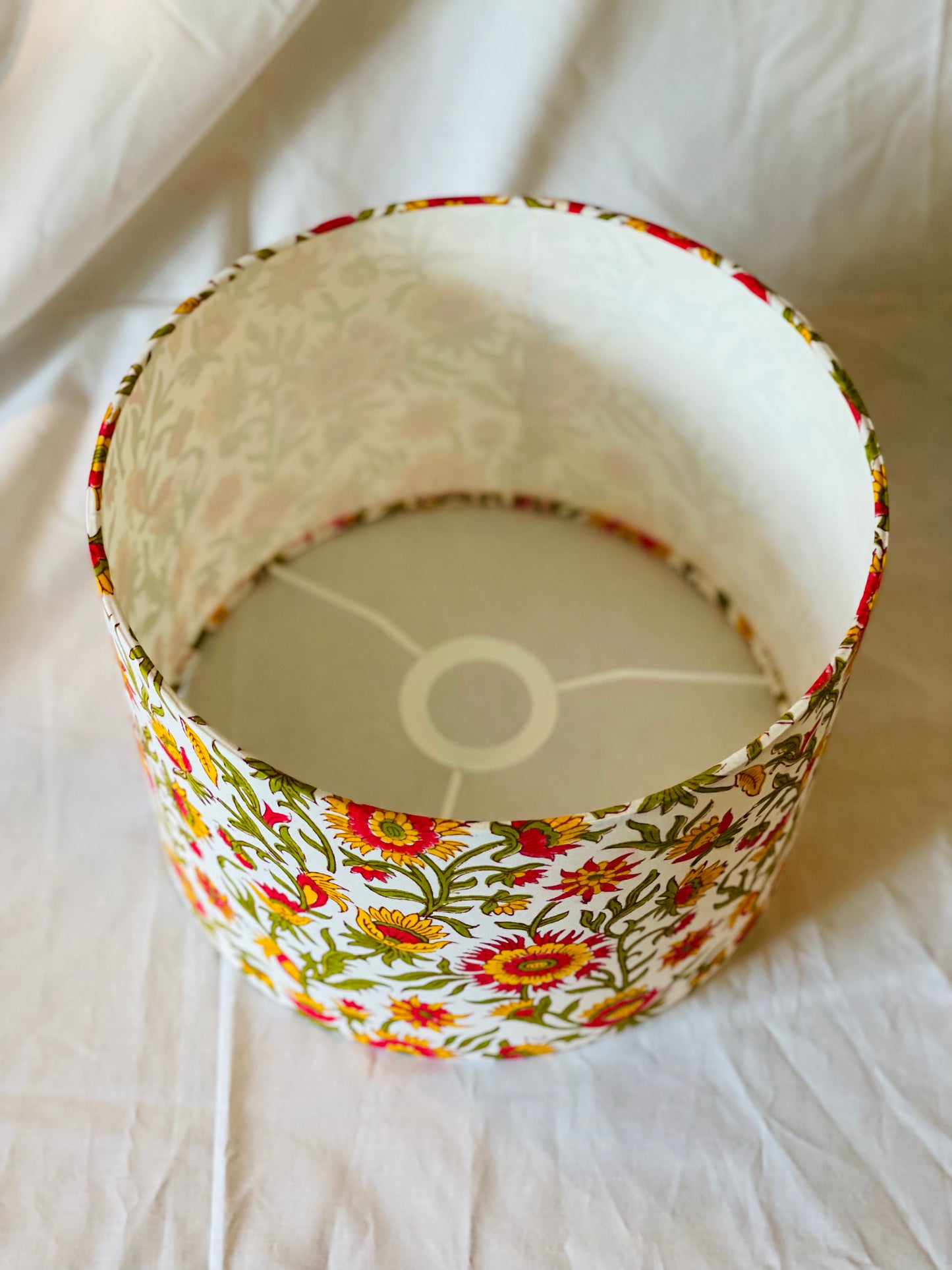 10 inch Drum Lampshade. Indian Block print from Jaipur. Candy Apple Red, Chrome Yellow, and Bright Olive Floral Motif.