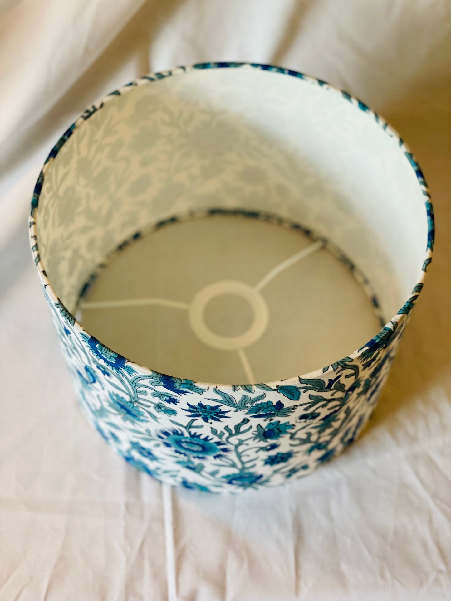 10 inch Drum Lampshade. Indian Block print from Jaipur. Dark Blue, Lapis, and Light Sea Green Floral Motif