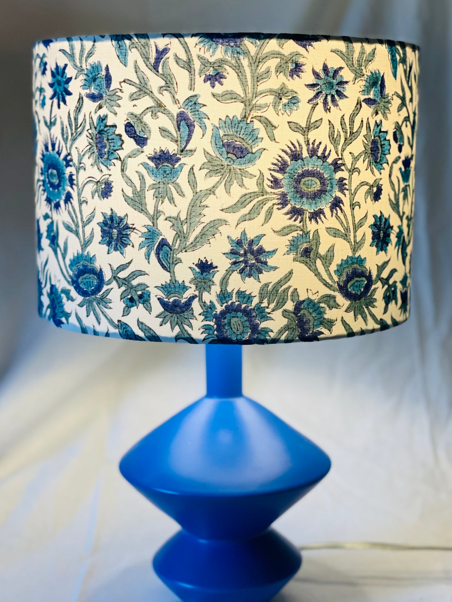 10 inch Drum Lampshade. Indian Block print from Jaipur. Dark Blue, Lapis, and Light Sea Green Floral Motif
