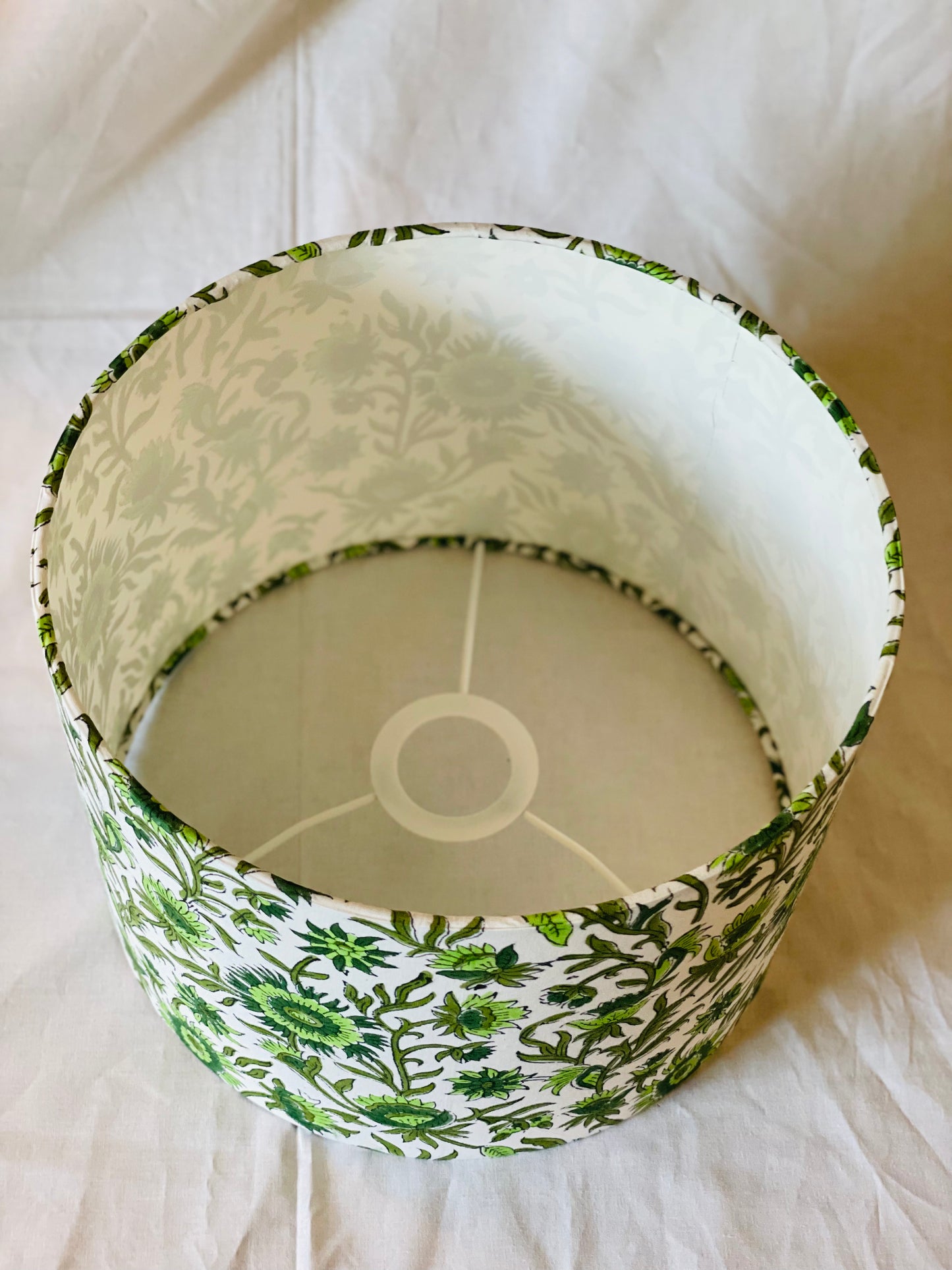 10 inch Drum Lampshade. Indian Block print from Jaipur. Pistachio, Olive Green, and Avocado Floral Motif.