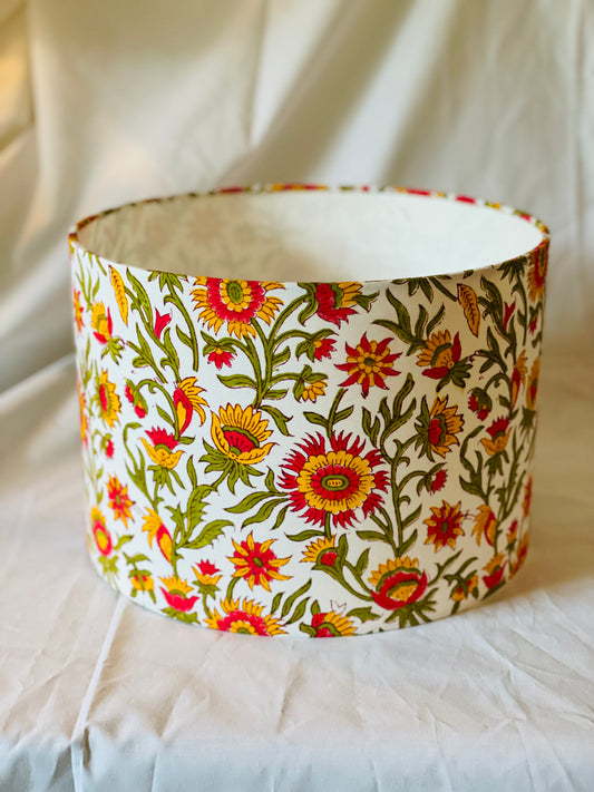 10 inch Drum Lampshade. Indian Block print from Jaipur. Candy Apple Red, Chrome Yellow, and Bright Olive Floral Motif.