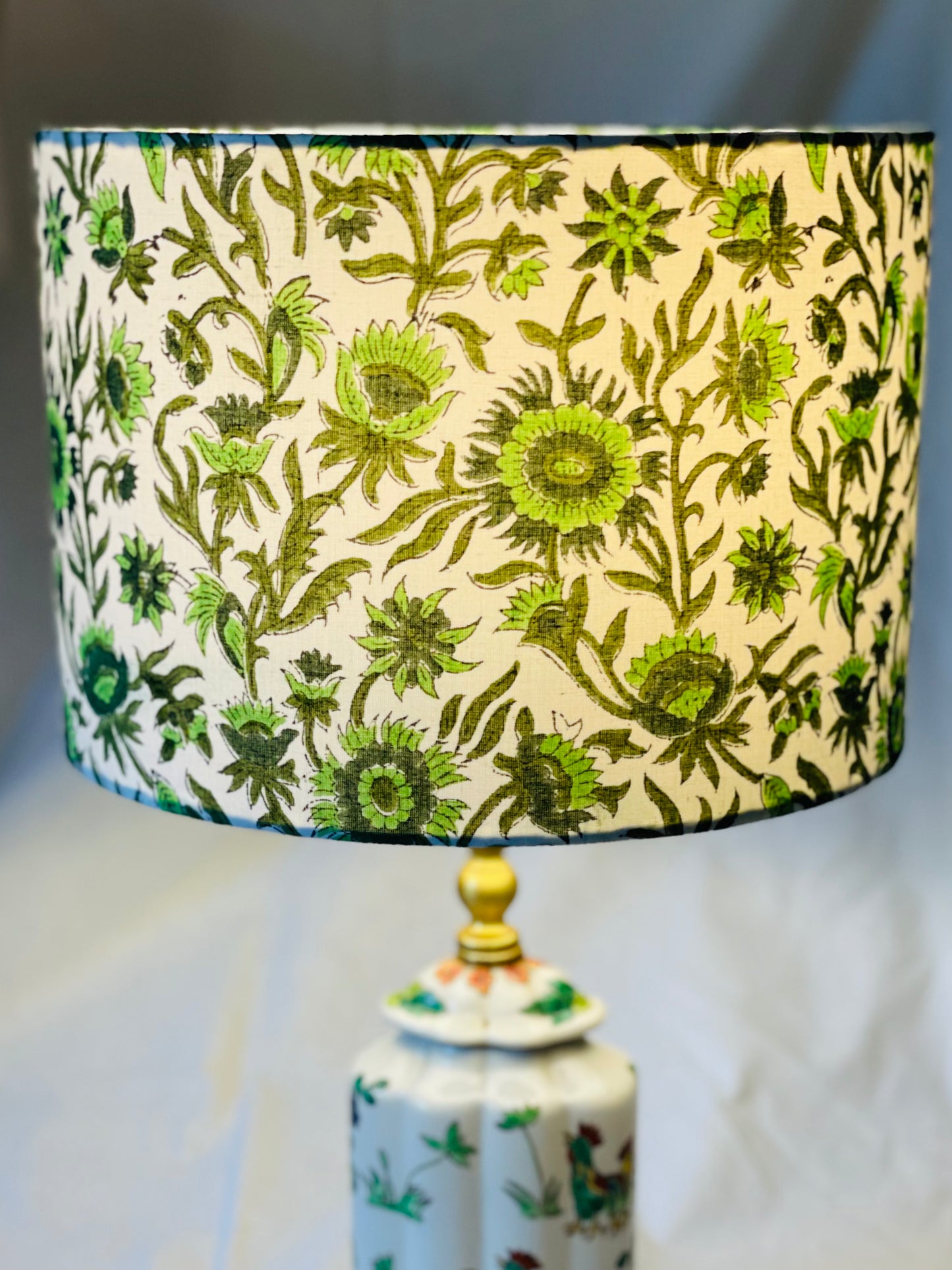 10 inch Drum Lampshade. Indian Block print from Jaipur. Pistachio, Olive Green, and Avocado Floral Motif.