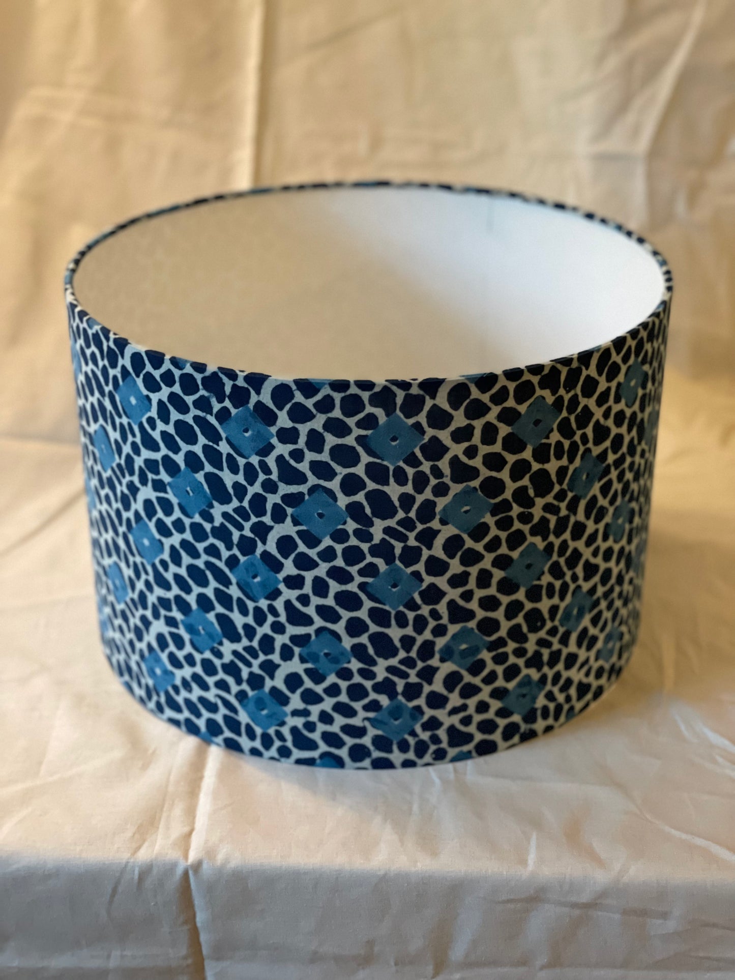 12 Inch Drum Lampshade. Indigo Batik Floral. Playful Cheetah with Geometric Block.